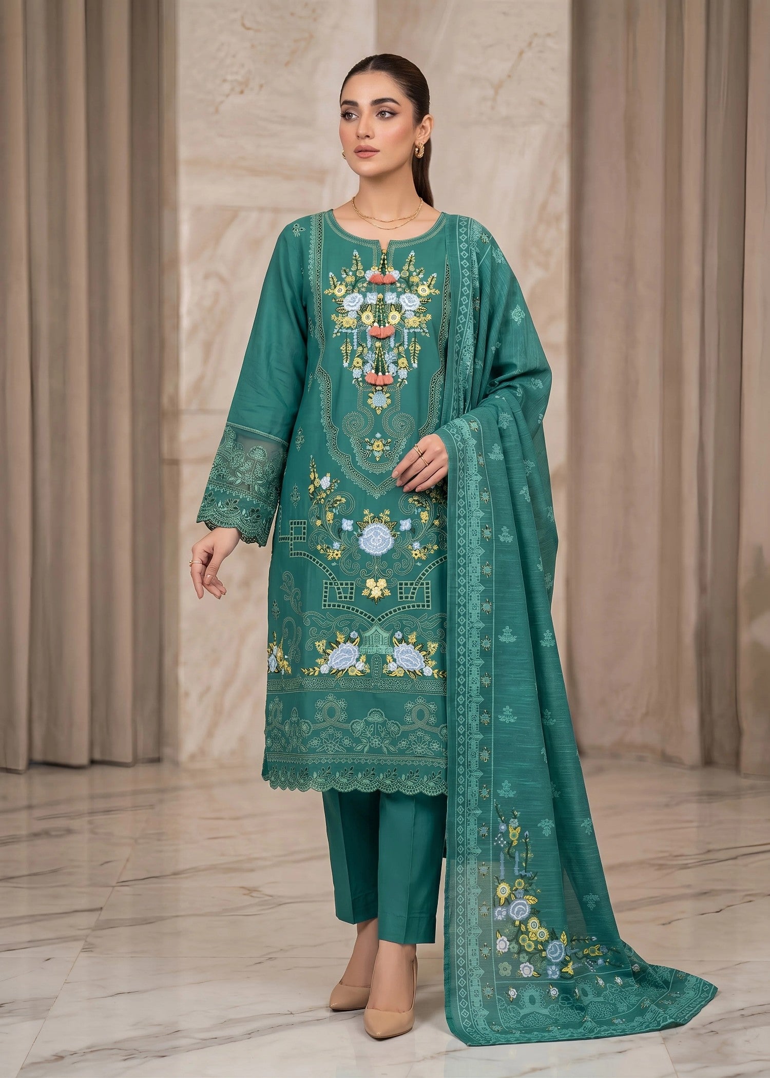 cotton linen Kurta Set in Bottle green