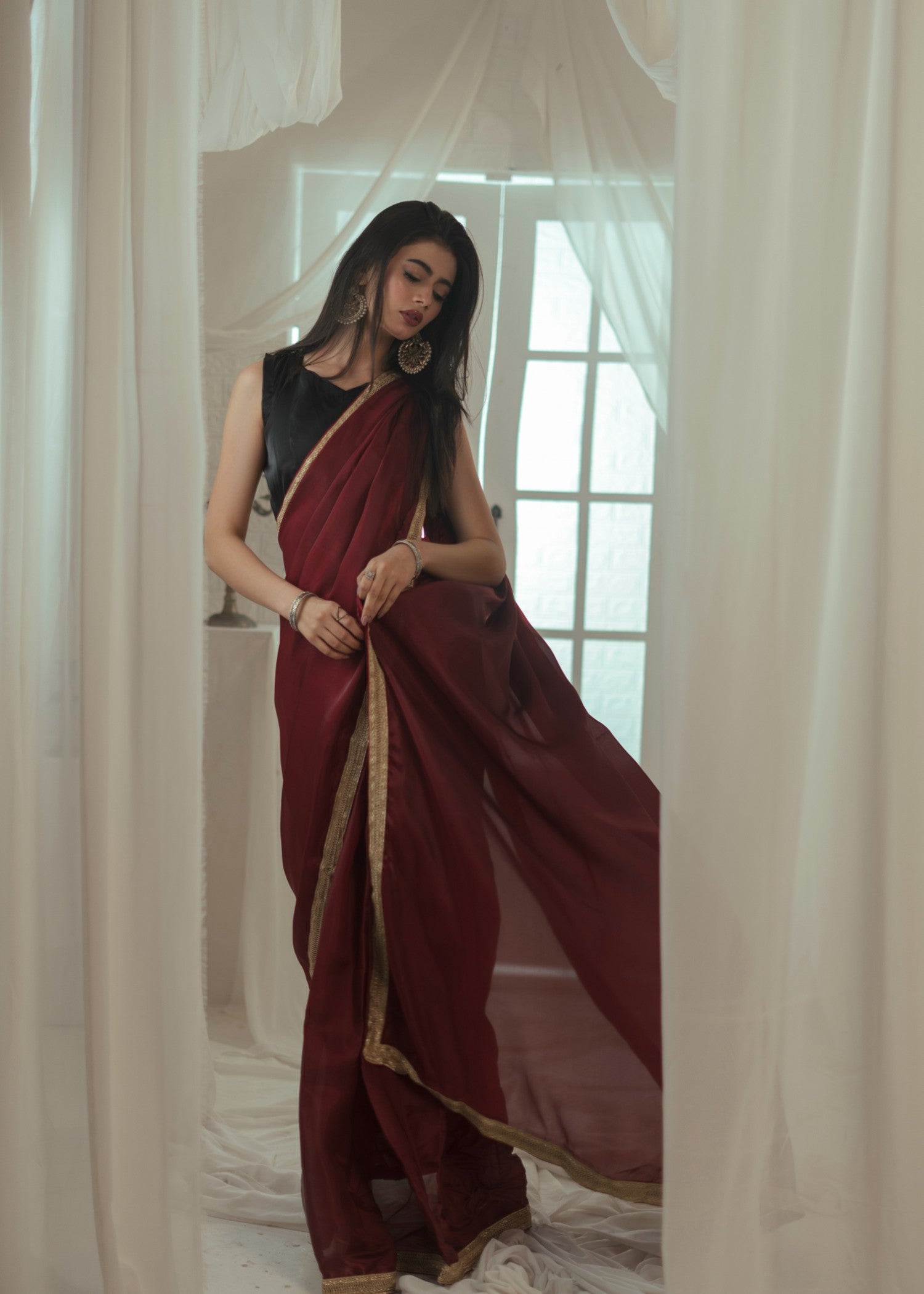 silk Saree in Maroon, black