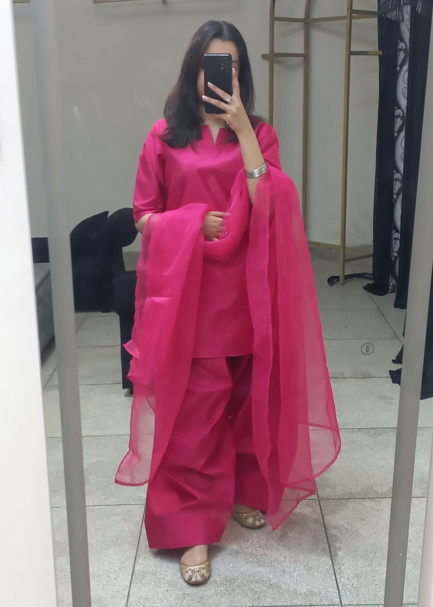 silk Kurta Set in Fuchsia pink