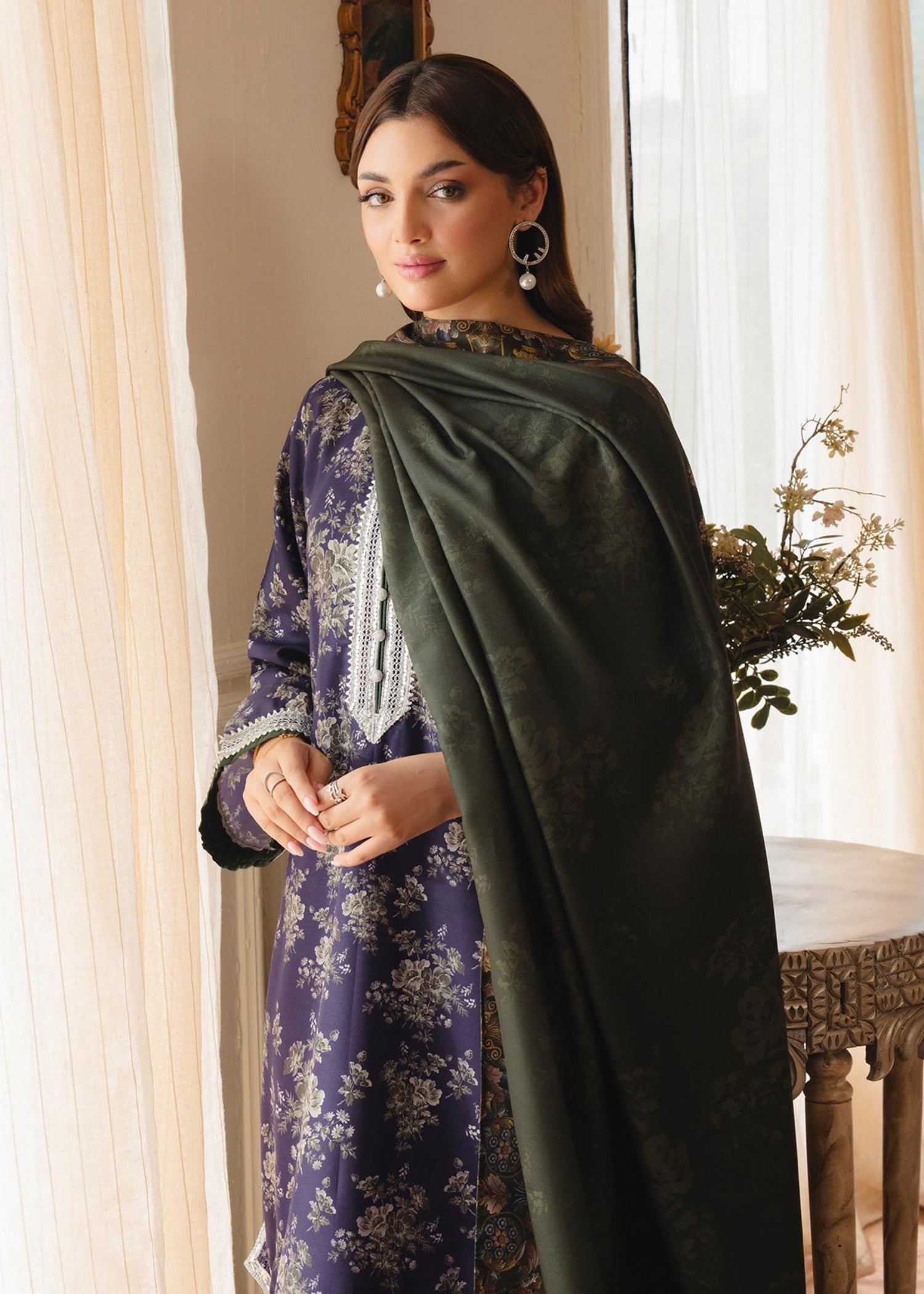 twill khaddar Kurta Set in Avocado green, deep purple