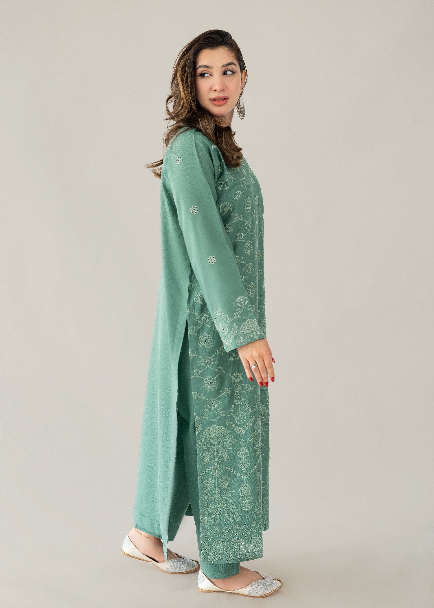 slub khaddar Kurta Set in Sea green