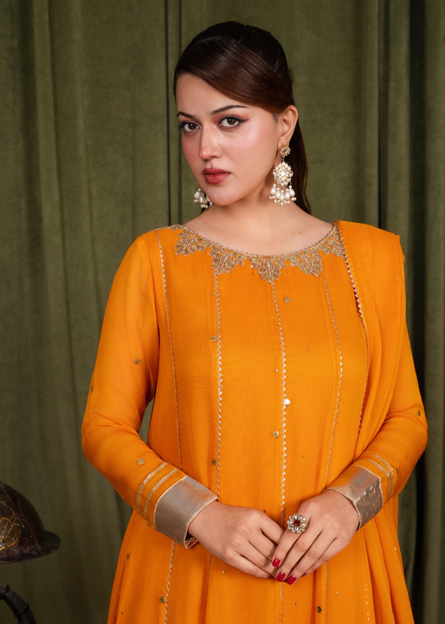 crinkle chiffon Anarkali in Goldfish orange