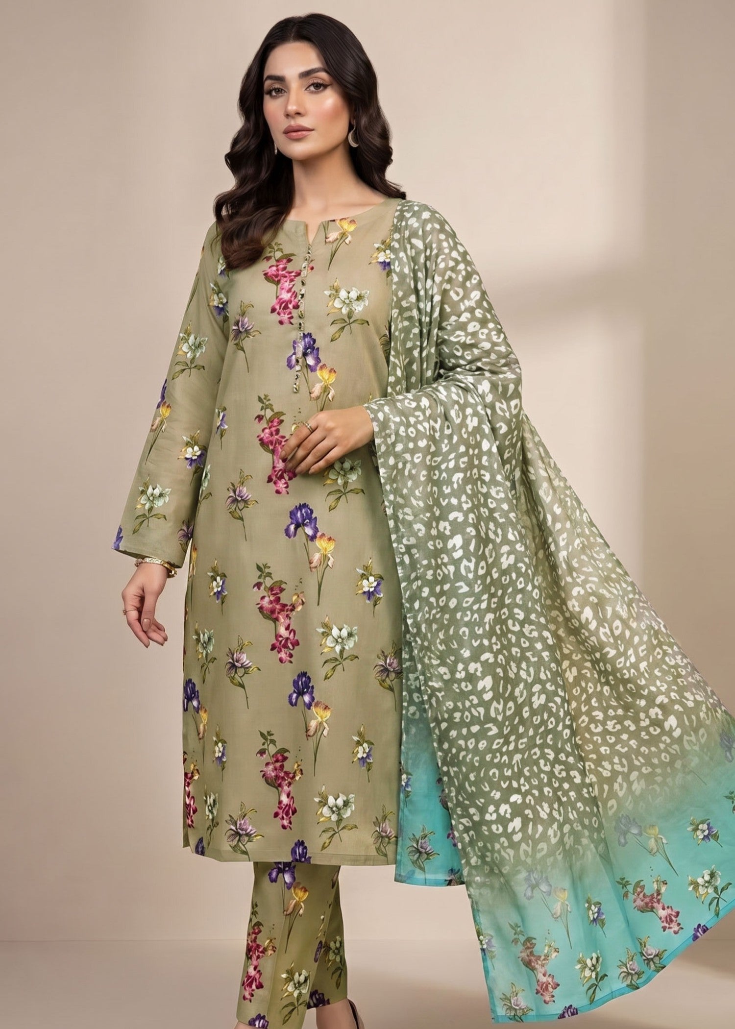 lawn Unstitched in Khaki brown