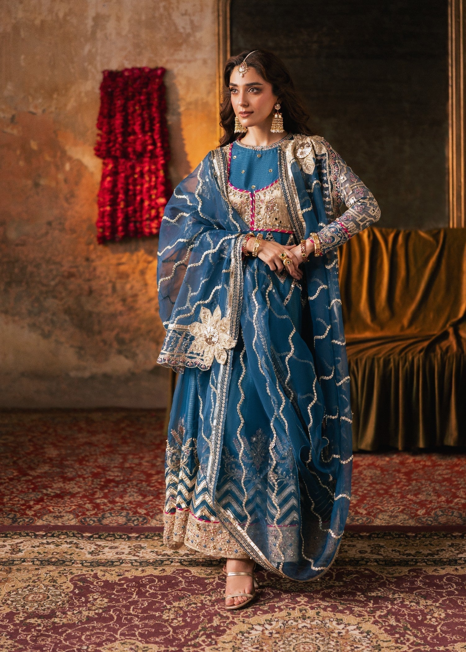 organza Pishwas in Blue