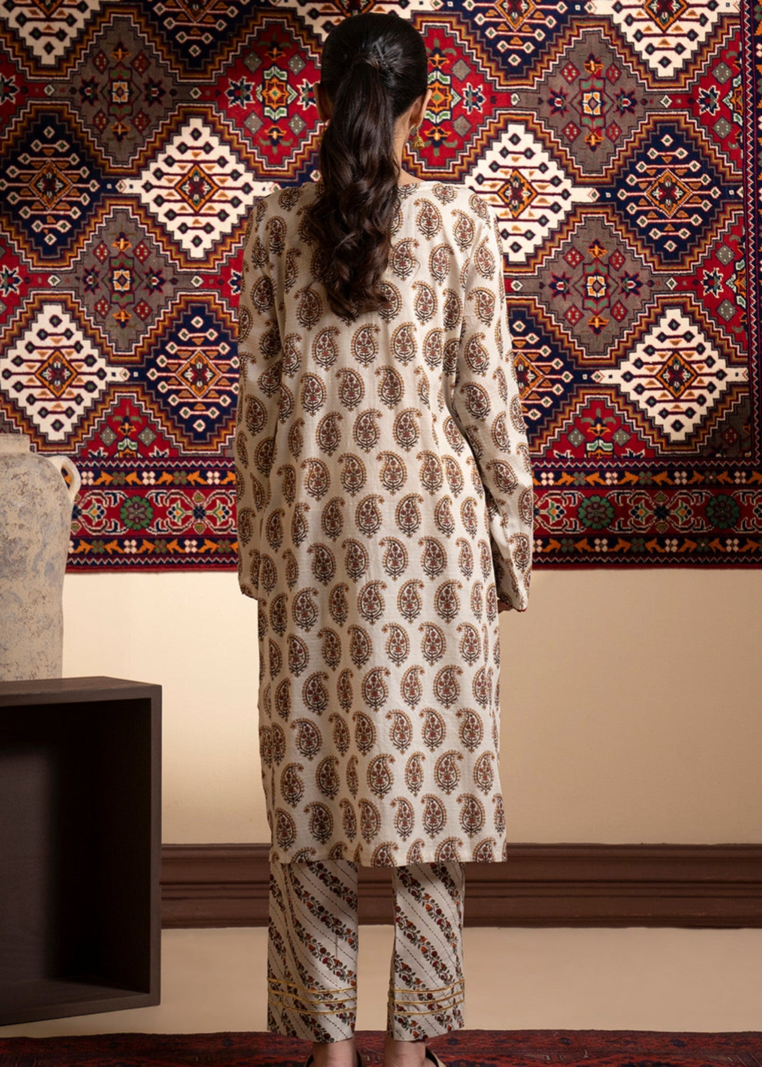 textured lawn Kurta Set in Beige