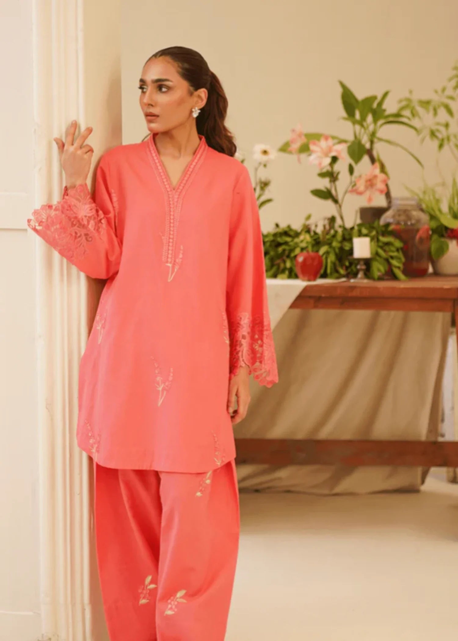 khaddar Kurta Set in Watermelon pink
