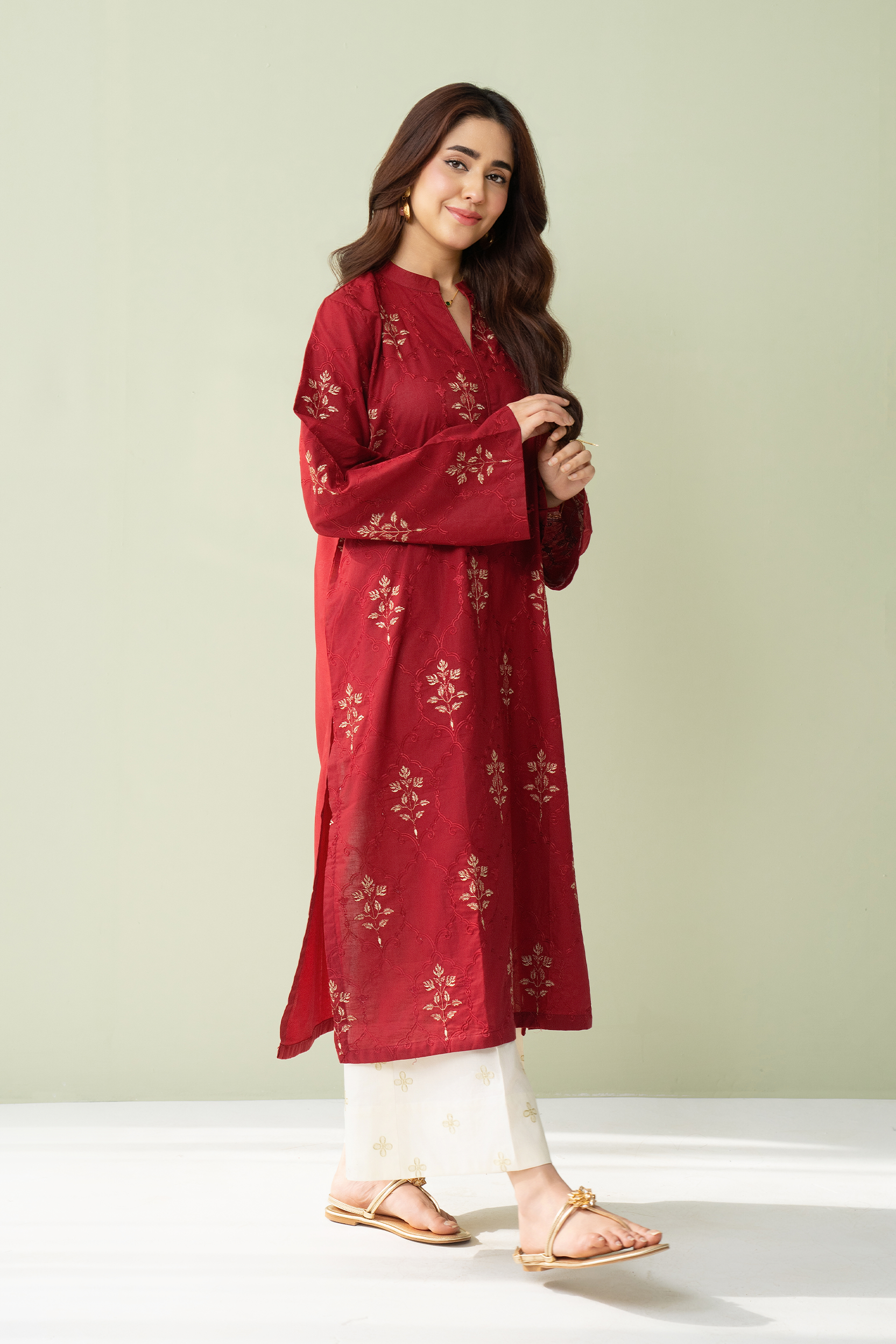 lawn cotton Kurta Set in Blood red
