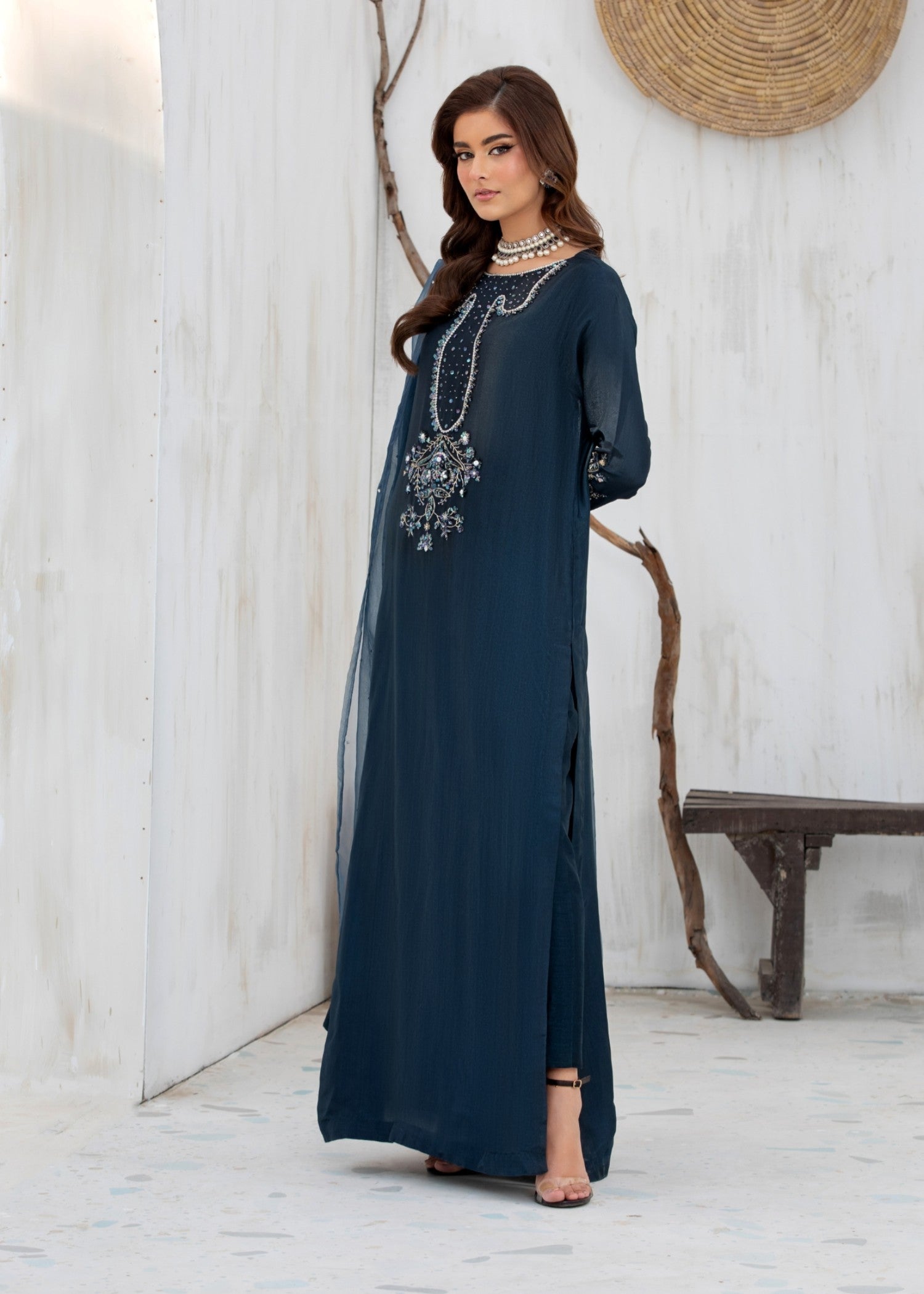 korean raw silk Kurta Set in Midnight blue