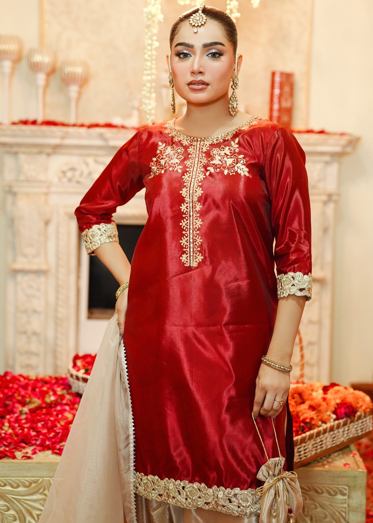 korean raw silk Kurta Set in Red, gold