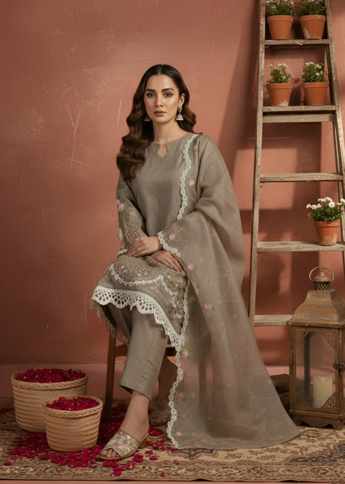 cotton net Kurta Set in Mocha brown