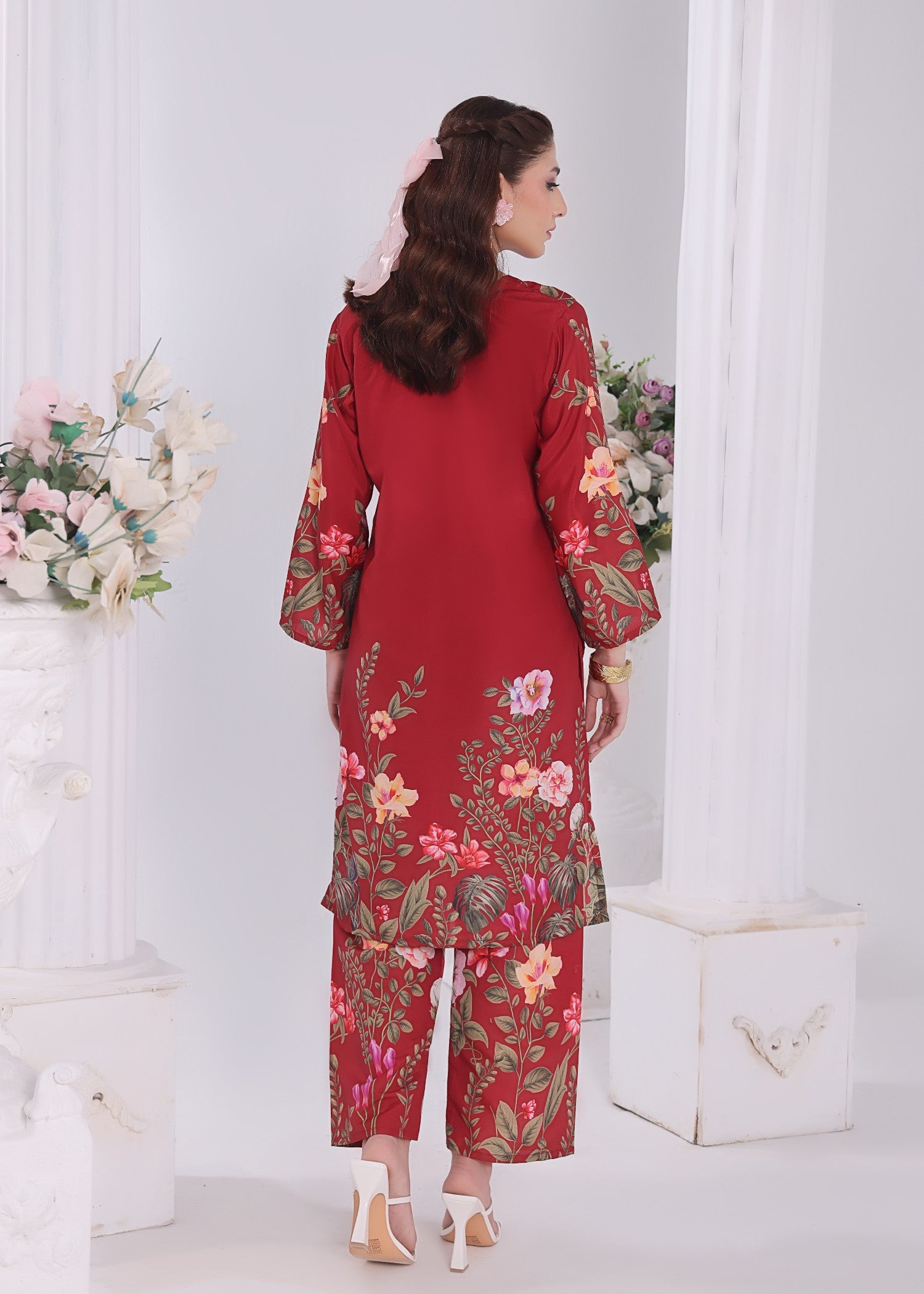 poly lawn Co Ord Sets in Blood red