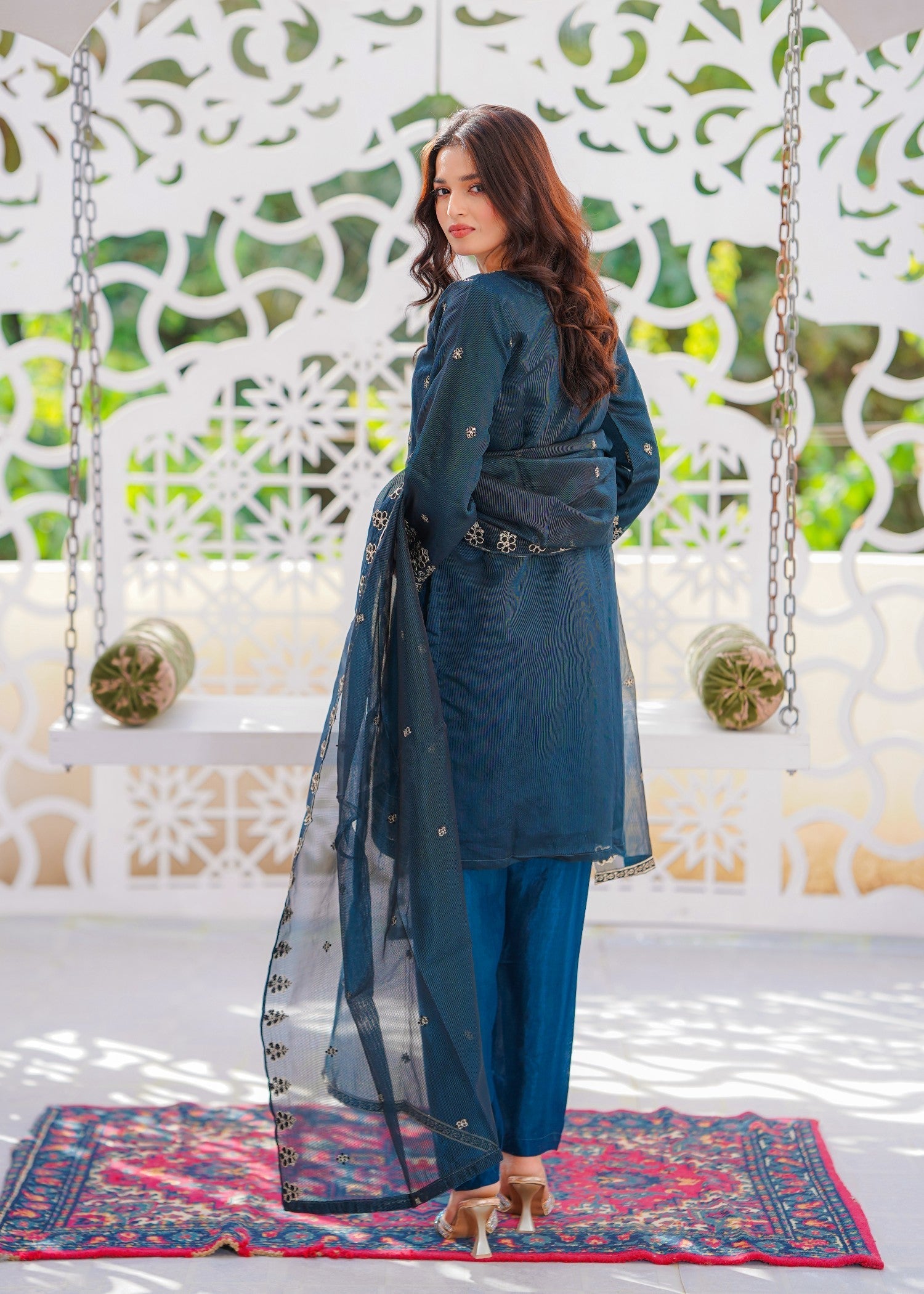 khaddi net Kurta Set in Steel blue
