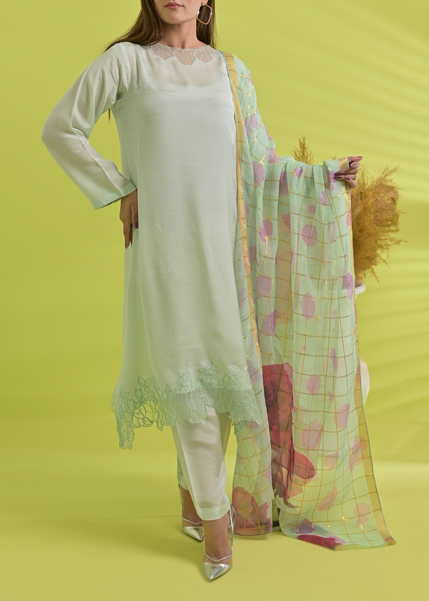 raw silk Pishwas in Mint green