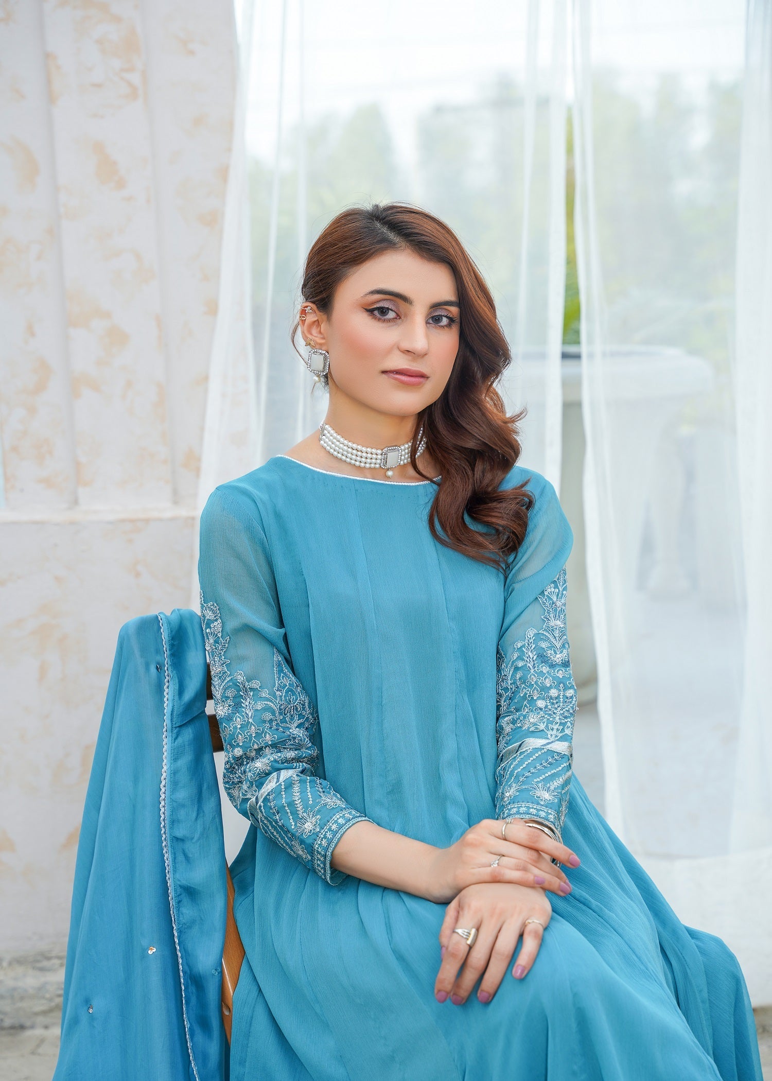 bemberg crinkle chiffon Pishwas in Sky blue