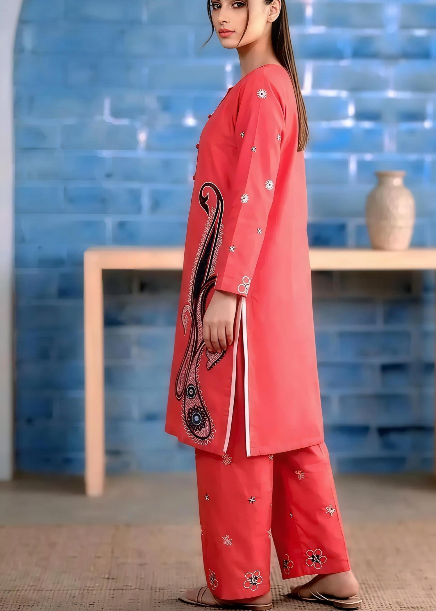 cotton Kurta Set in Tangerine
