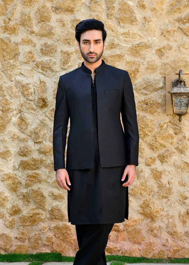 banarasi brocade Prince Coat in Black by HK Fashion