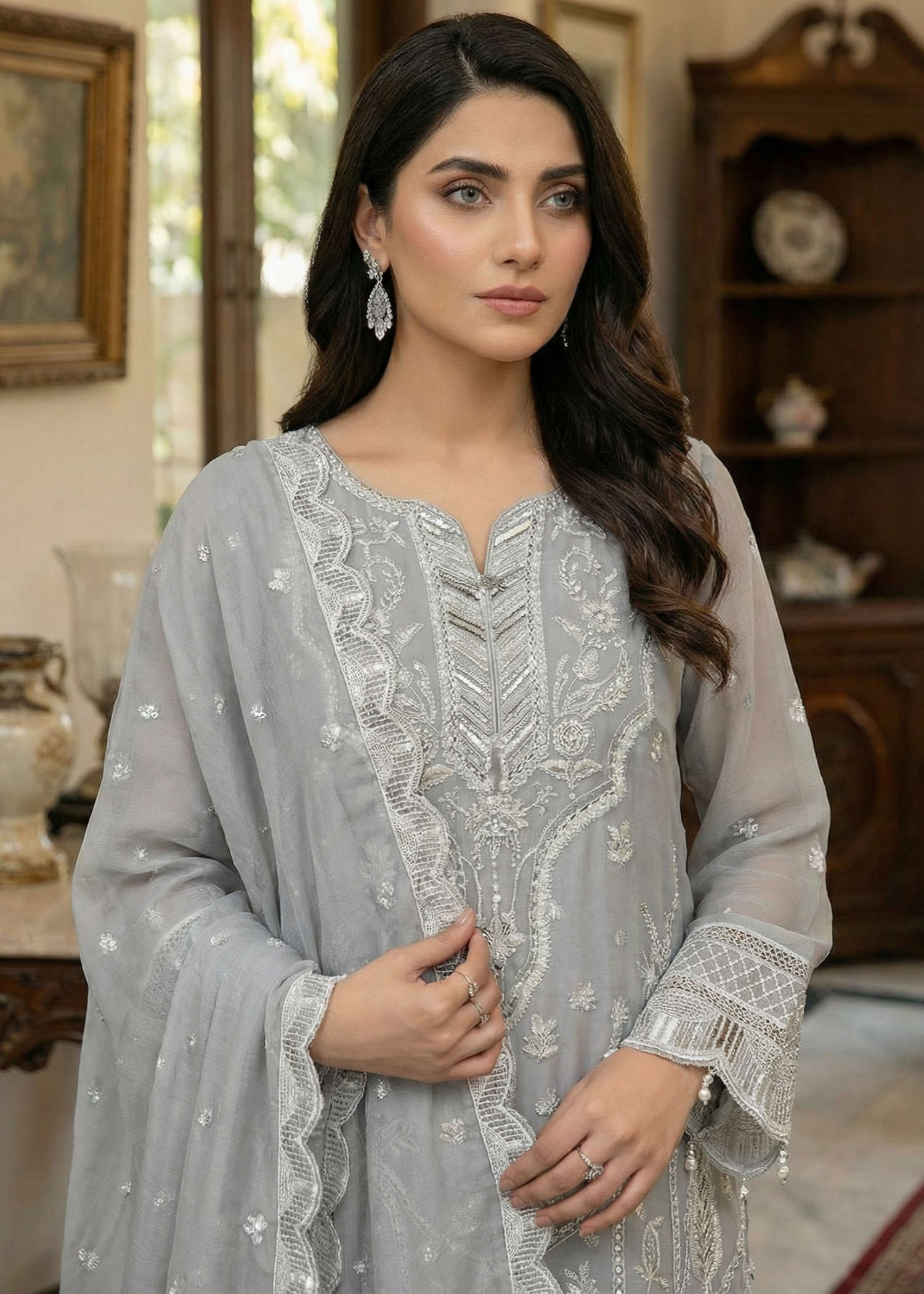chiffon Kurta Set in Pastel grey