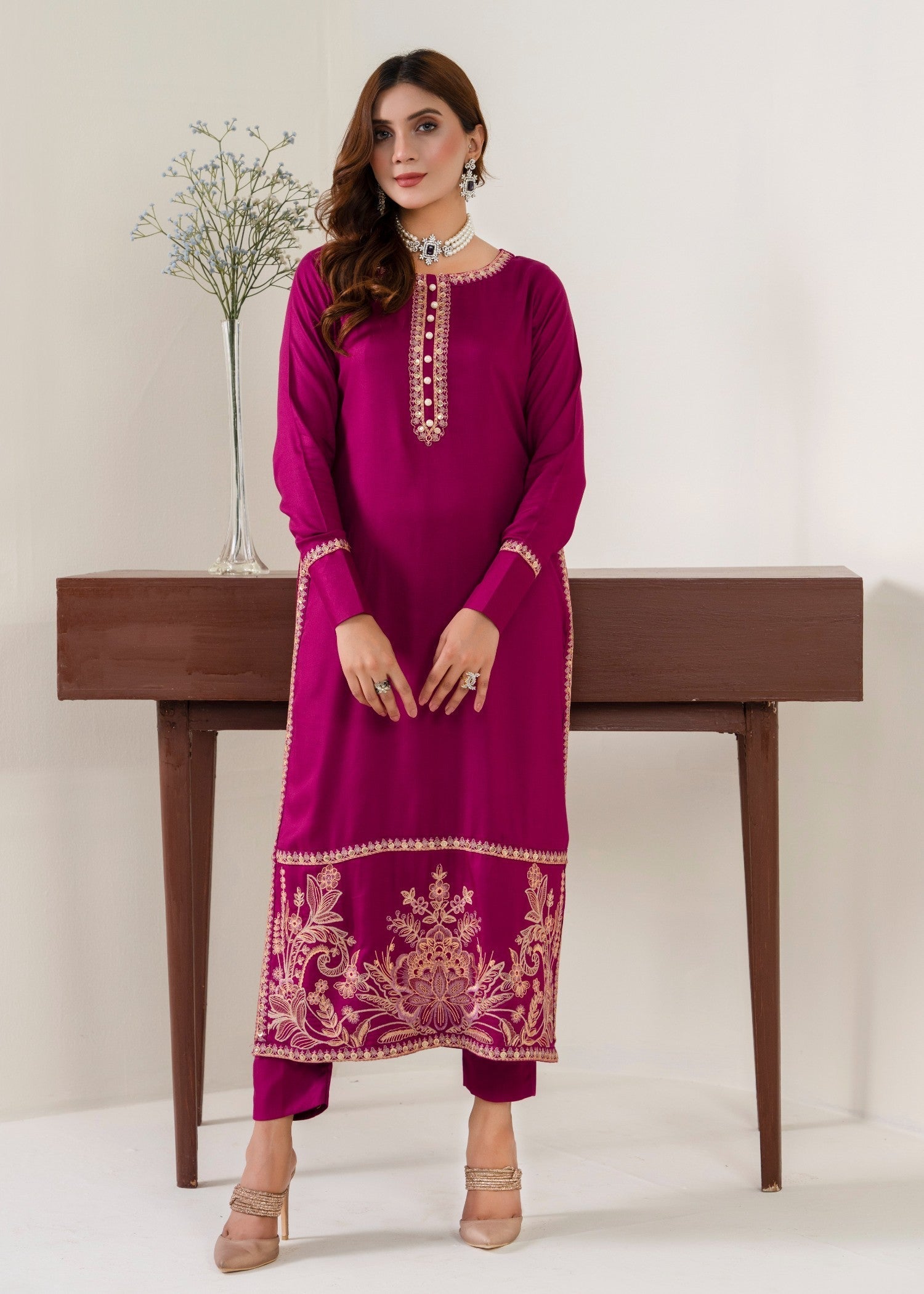 twill khaddar Kurta Set in Plum