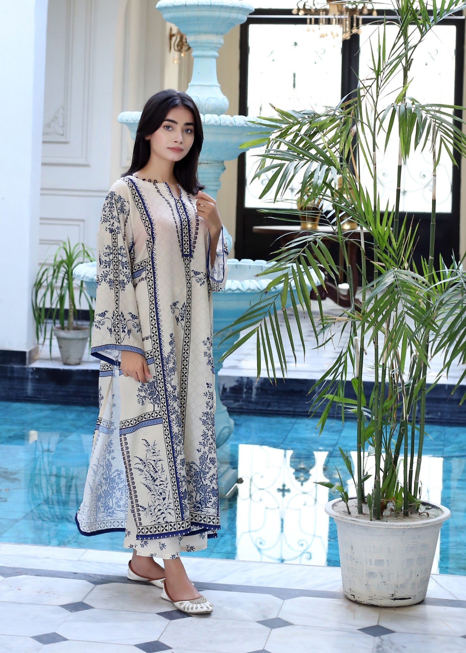 poly lawn Kurta Set in Beige