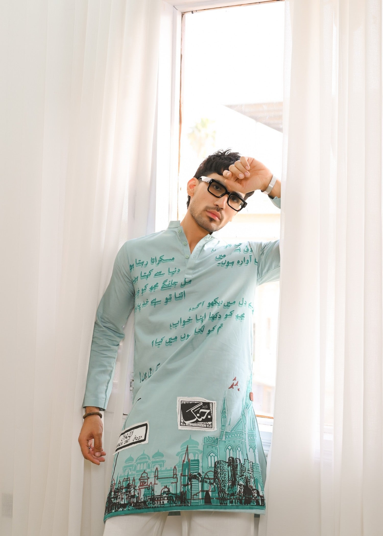 blended satin Kurta in Green