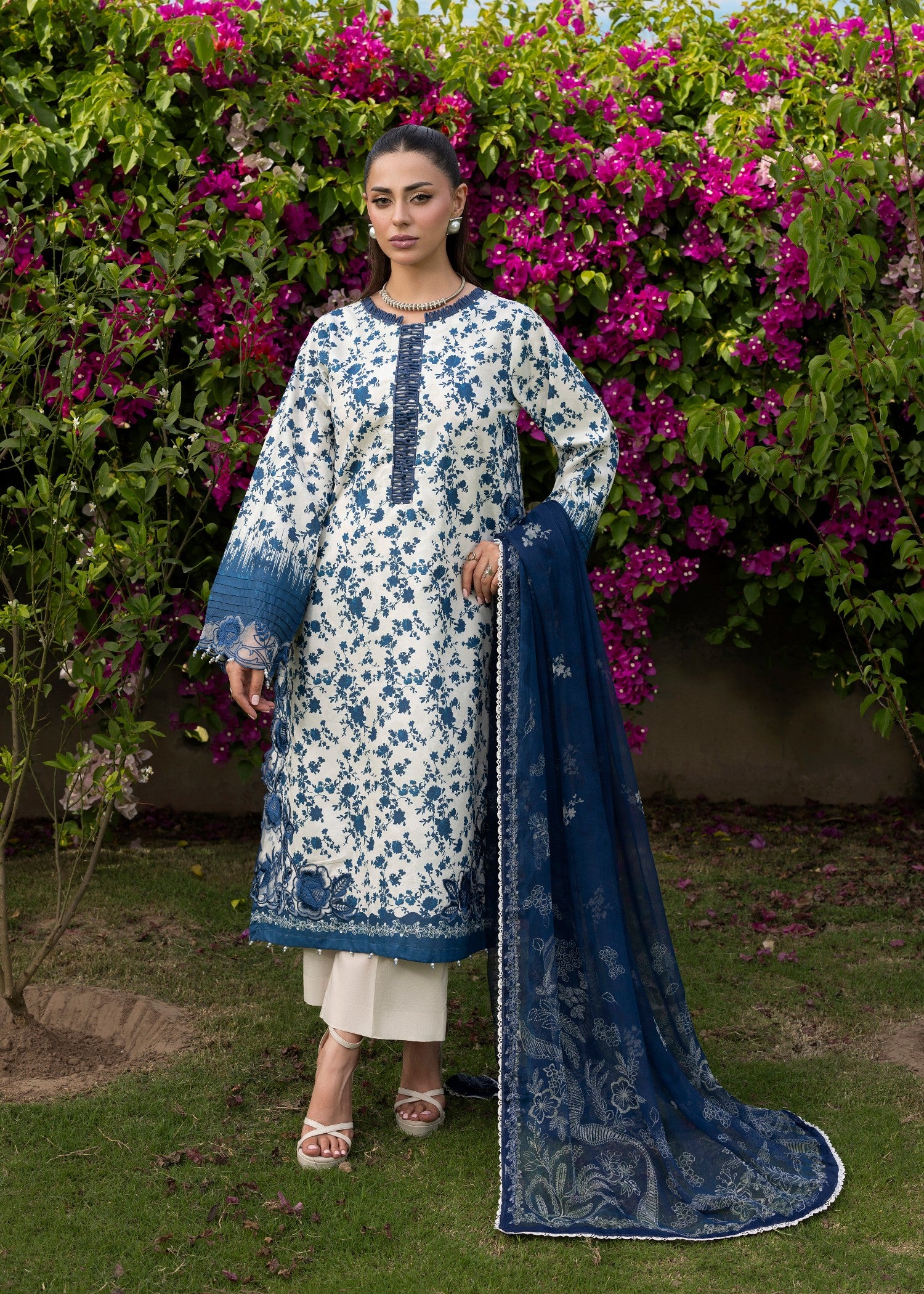 lawn Unstitched in Off-white, blue