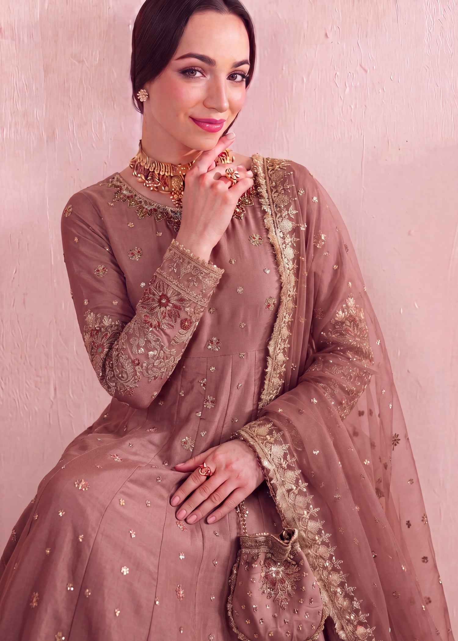 silk Pishwas in Chestnut brown