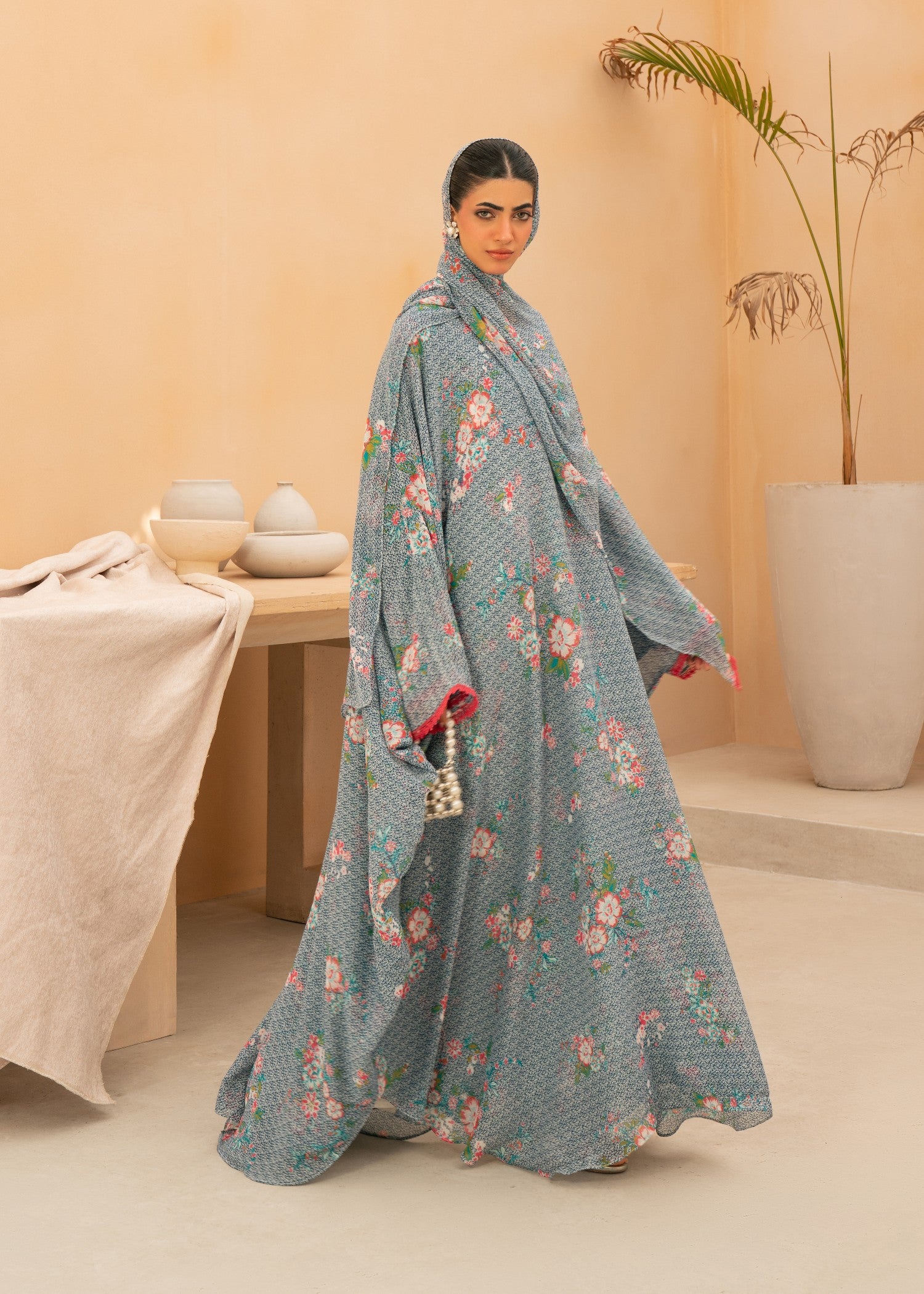 chiffon Abaya in Light blue, salmon, multi