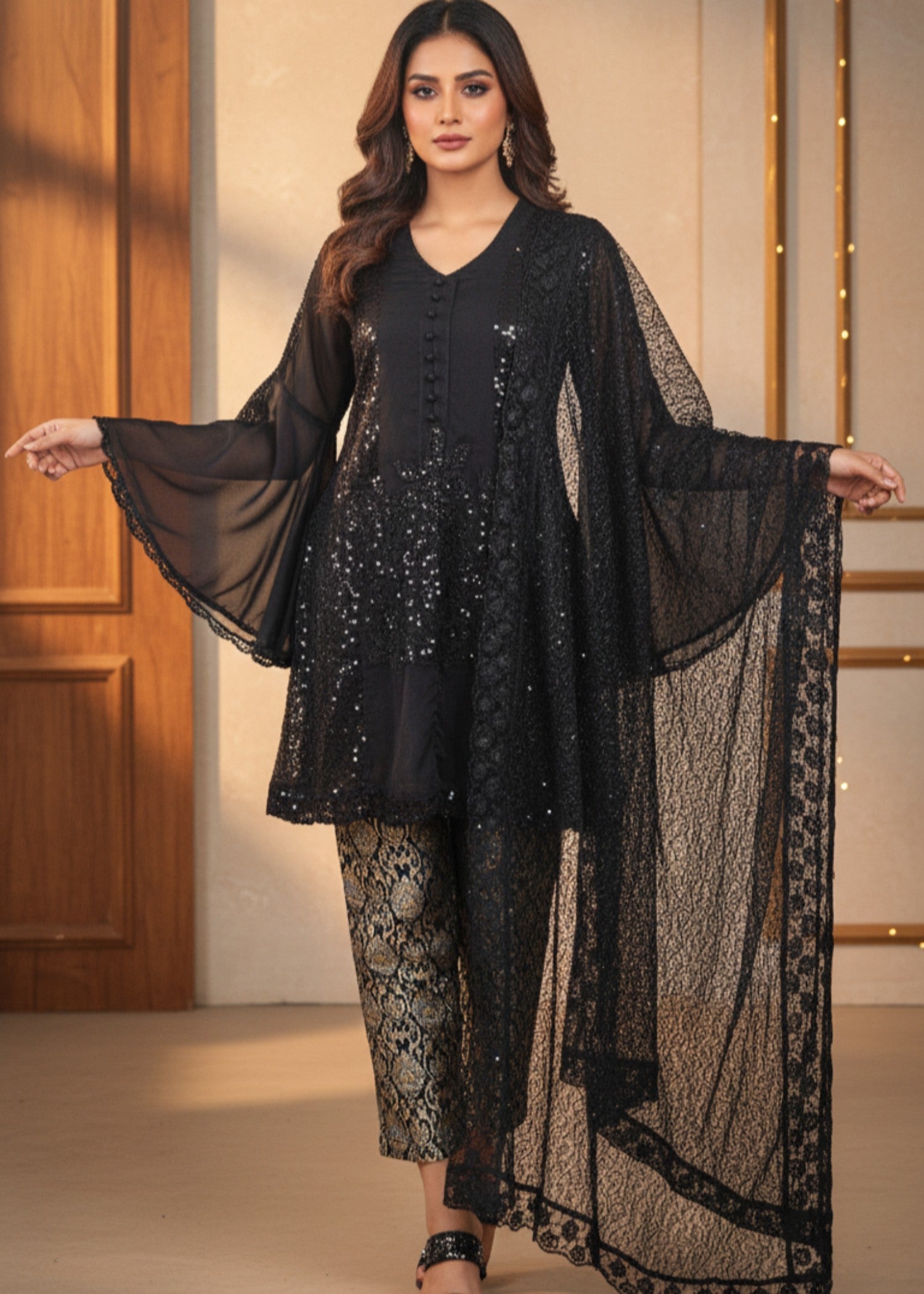 chiffon Short Frock in Black