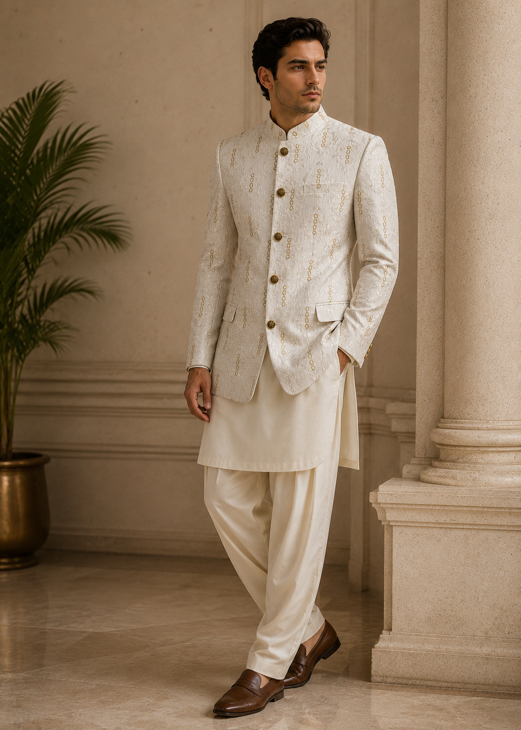silk Prince Coat in White, gold