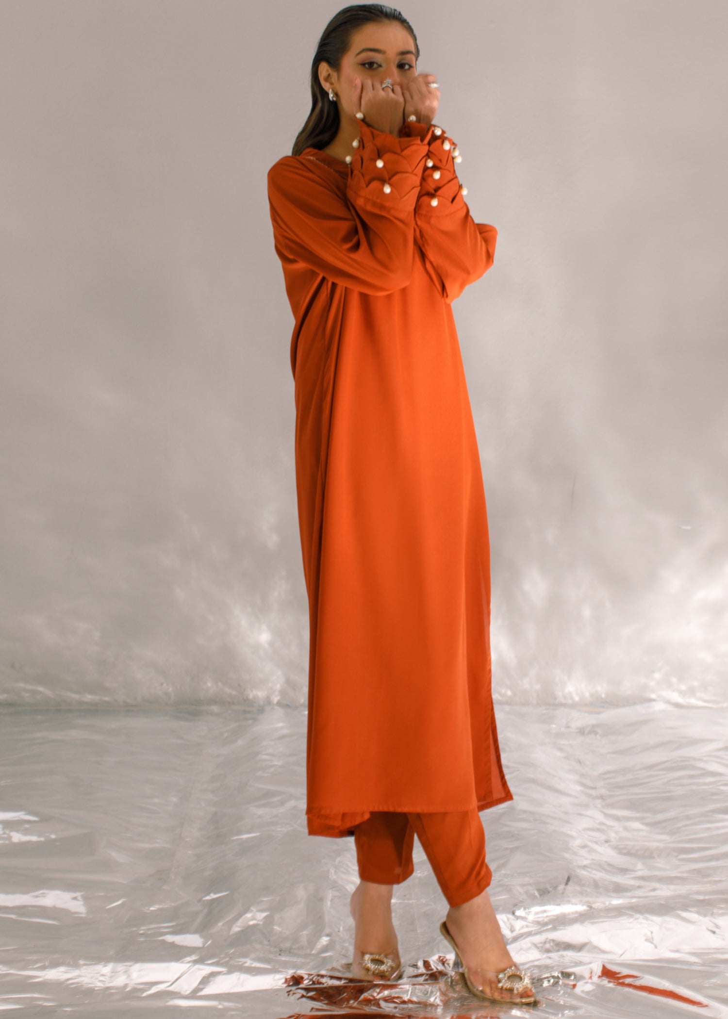 crepe georgette Kurta Set in Rust orange