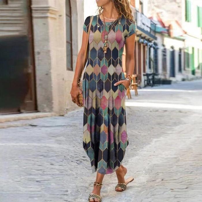 Women's Trendy Printed Short Sleeve Dress with Round Neck and Pocket