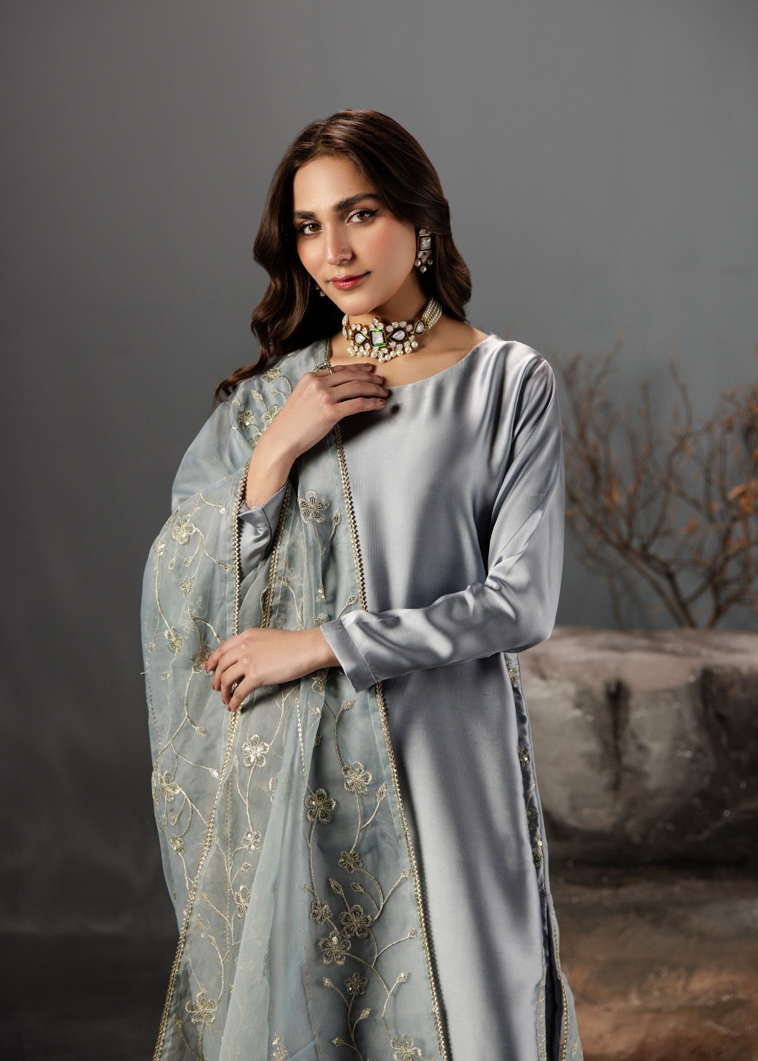 silk Kurta Set in Duck egg grey