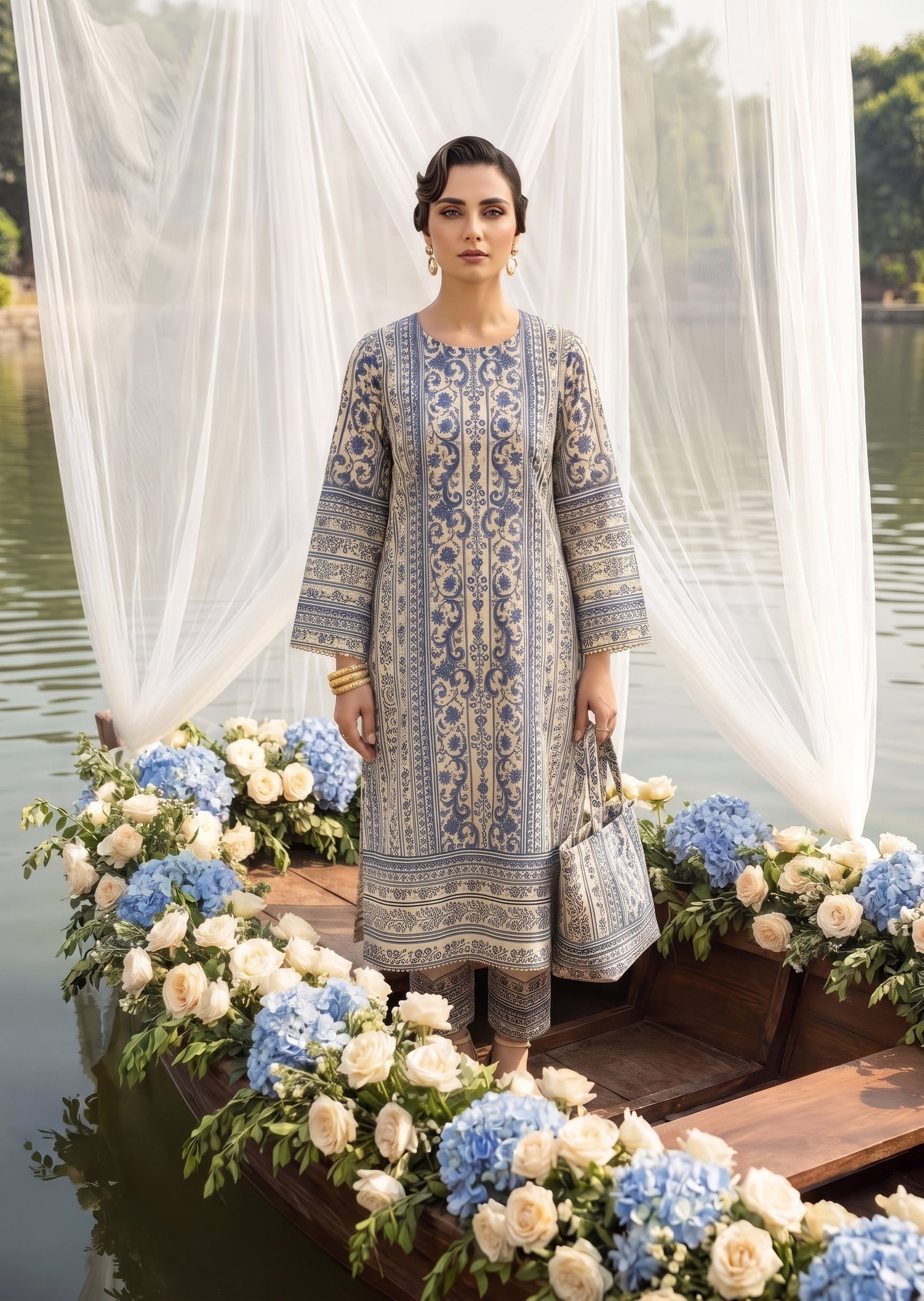 poly lawn Kurta Set in Ice blue, beige