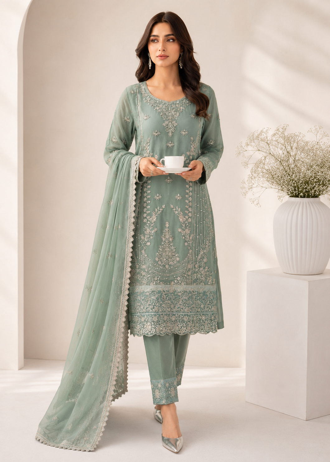 chiffon Kurta Set in Sea green