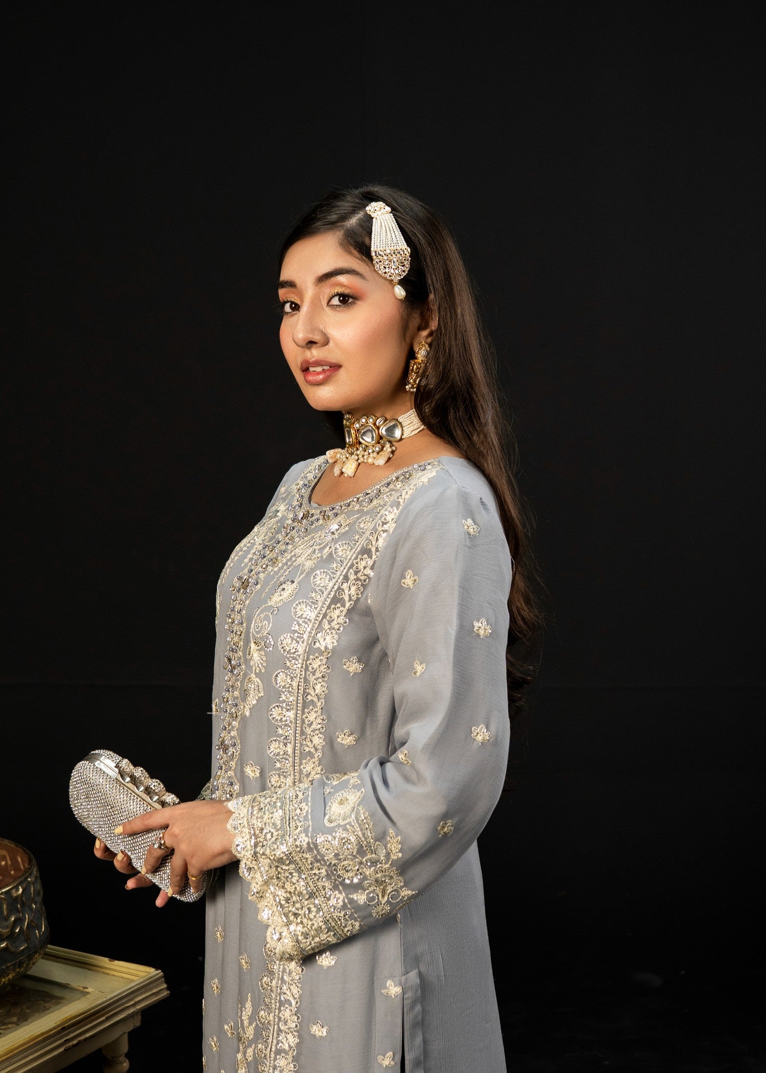 crinkle chiffon Kurta Set in Grey