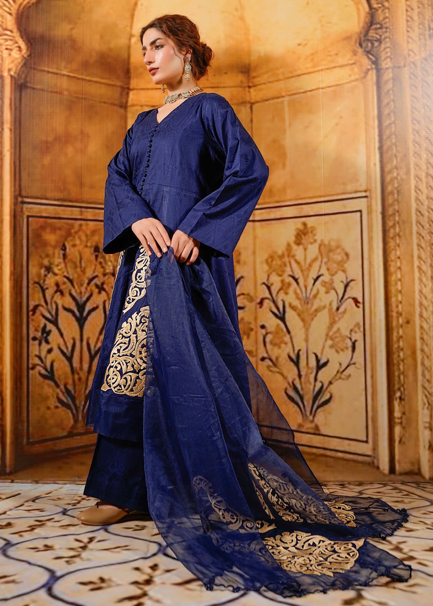 cotton jacquard Kurta Set in Navy blue
