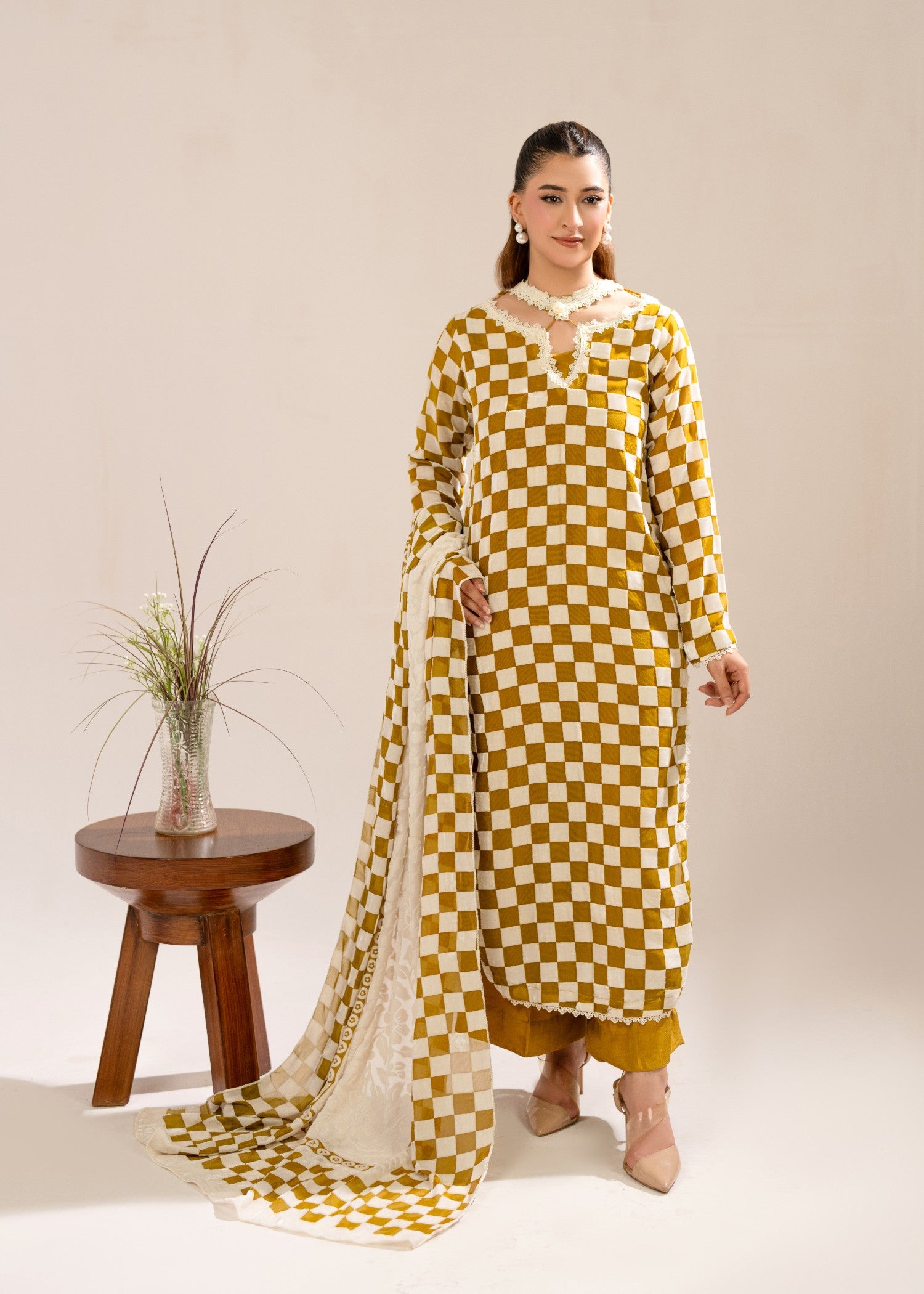 velvet Kurta Set in Mellow yellow