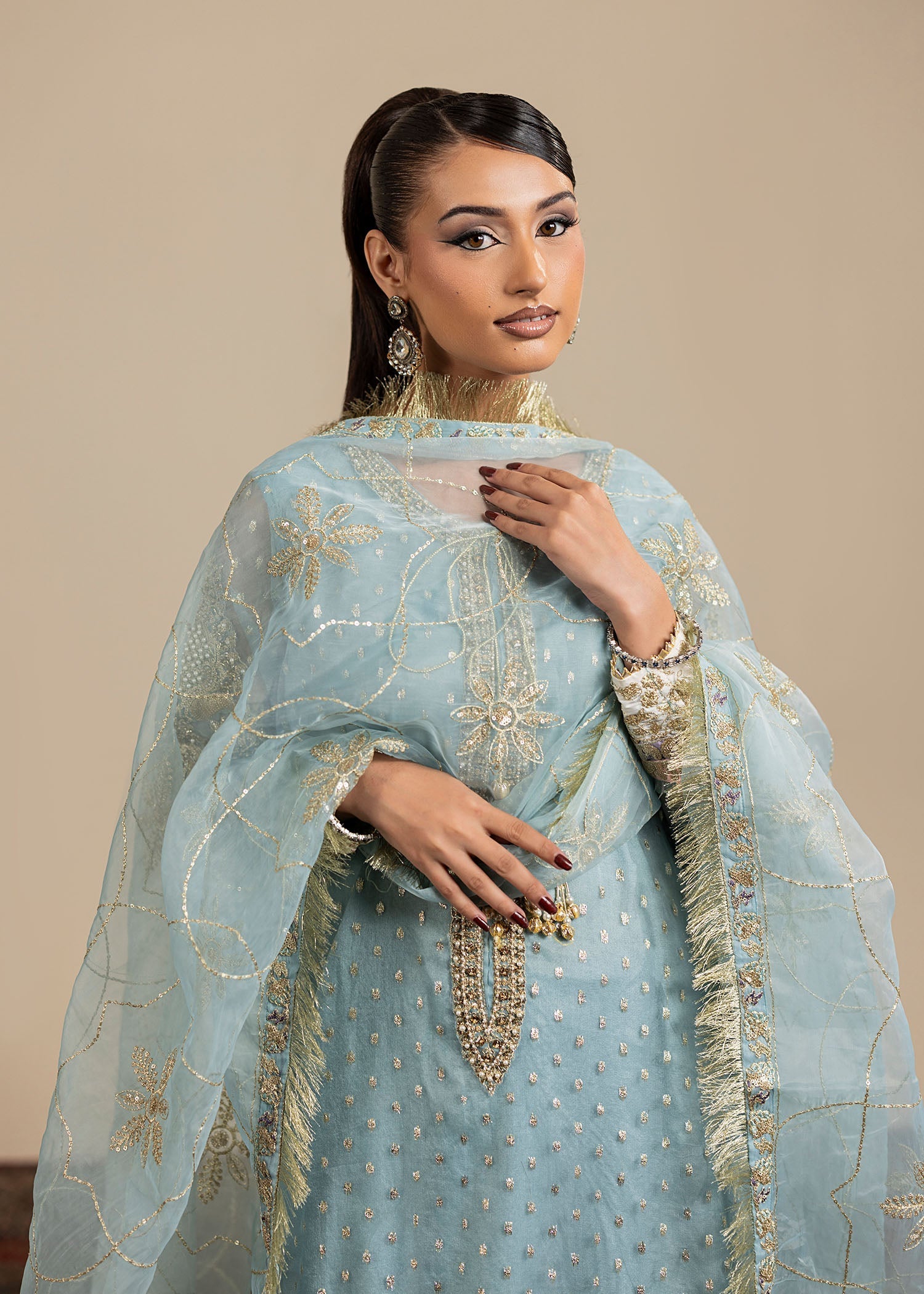 organza Gharara in Ice blue