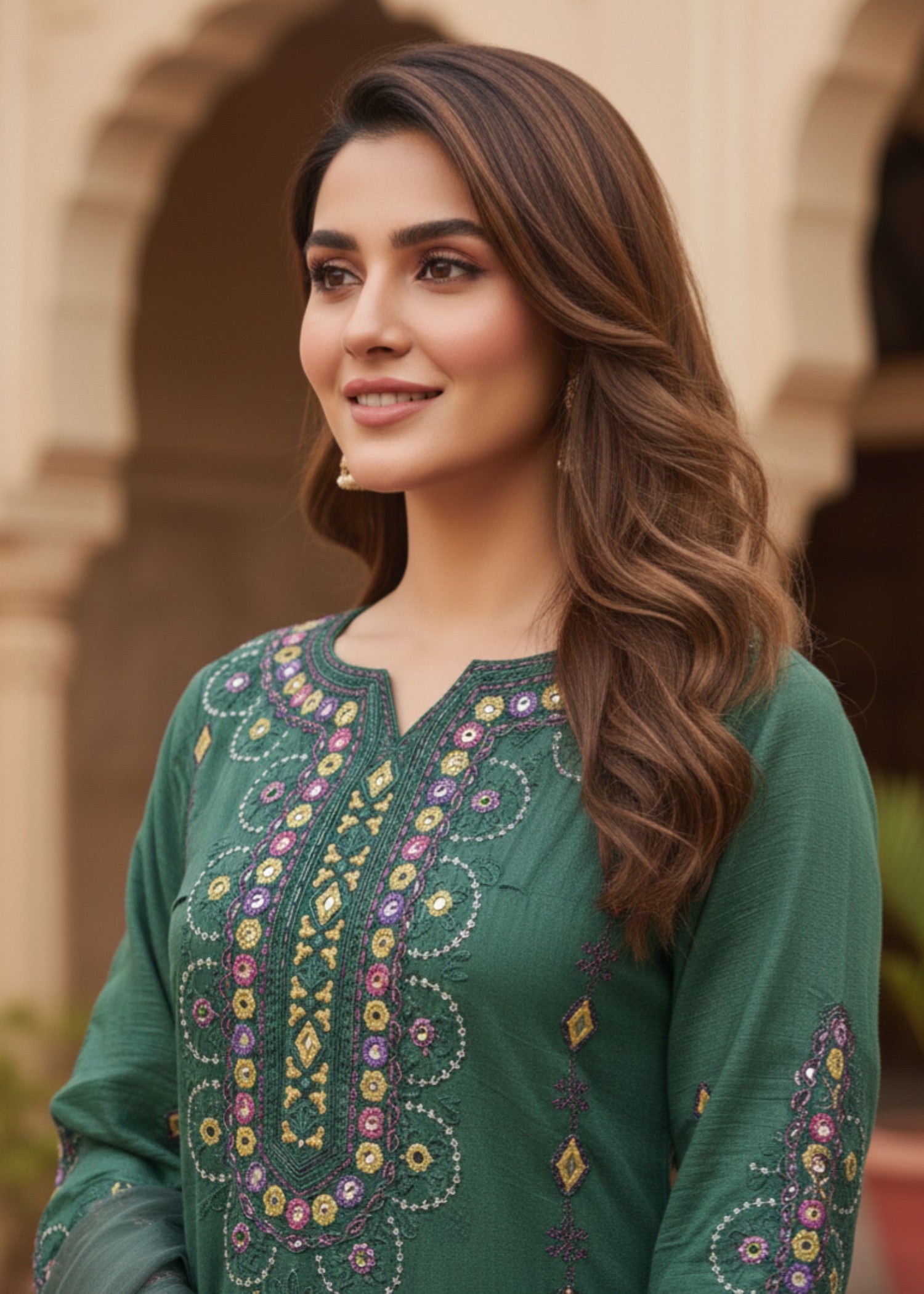 organza net Kurta Set in Pine green