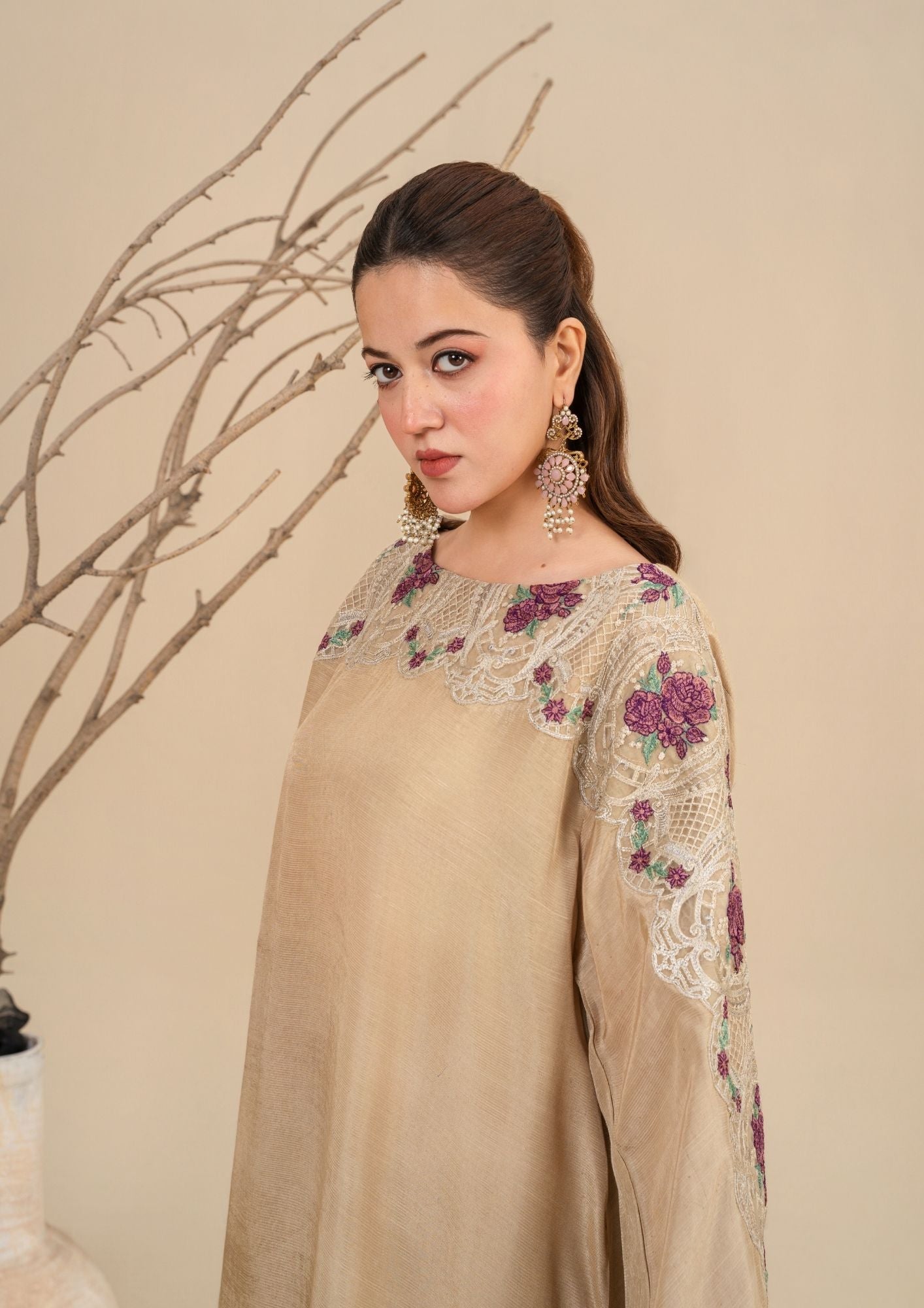 viscose raw silk Kurta Set in Beige