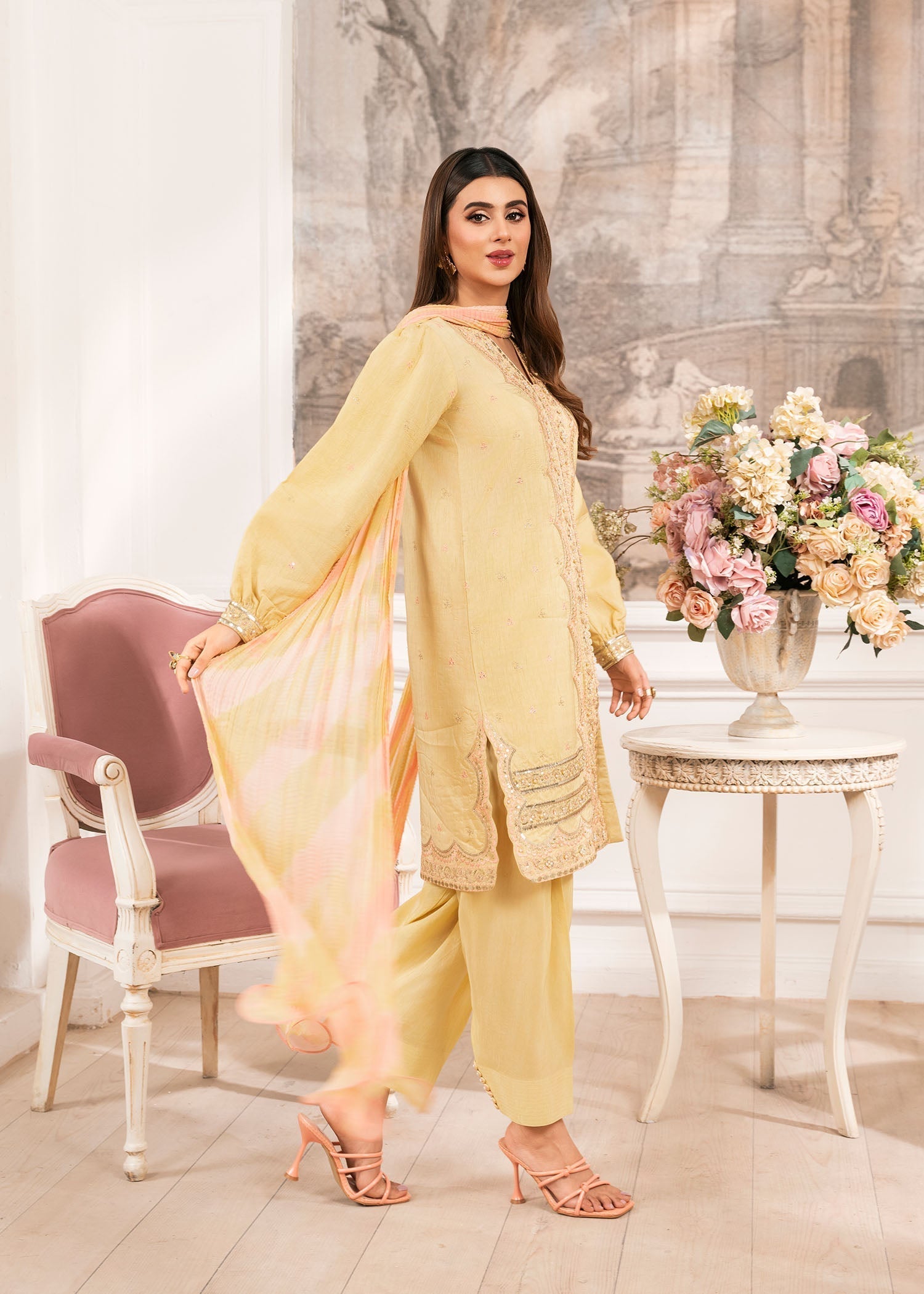 raw silk Kurta Set in Light yellow