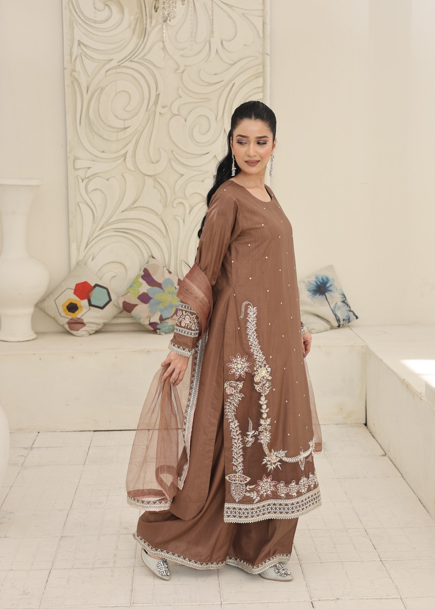 silk Kurta Set in Tawny brown