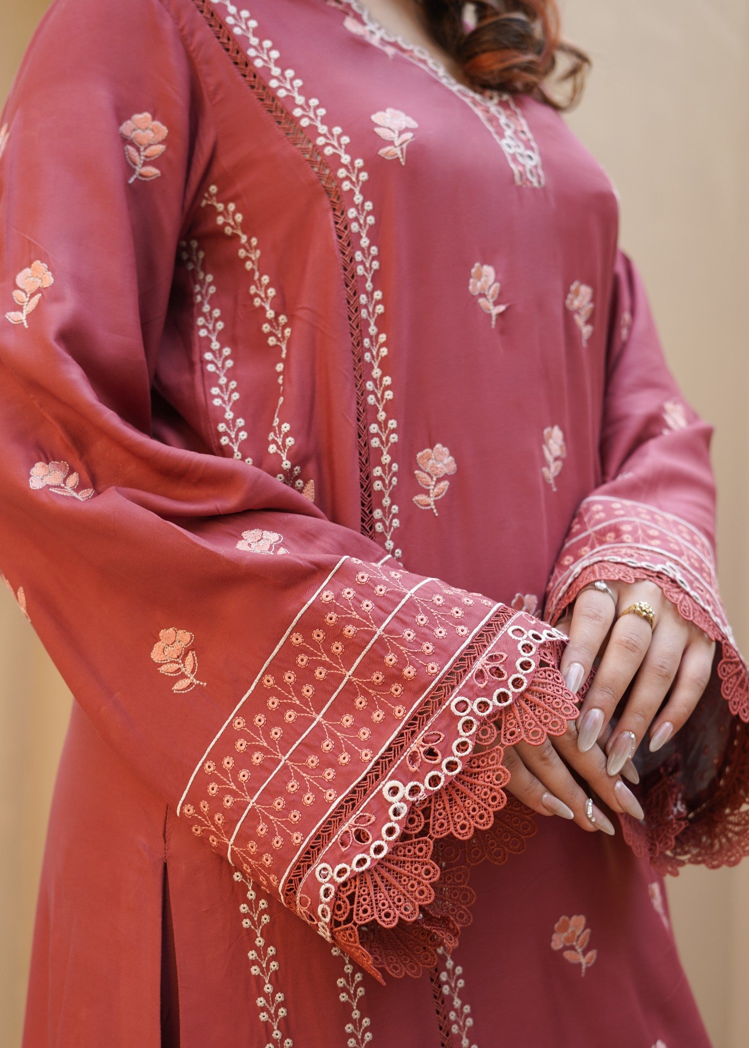 arabic lawn Kurta Set in Coral pink