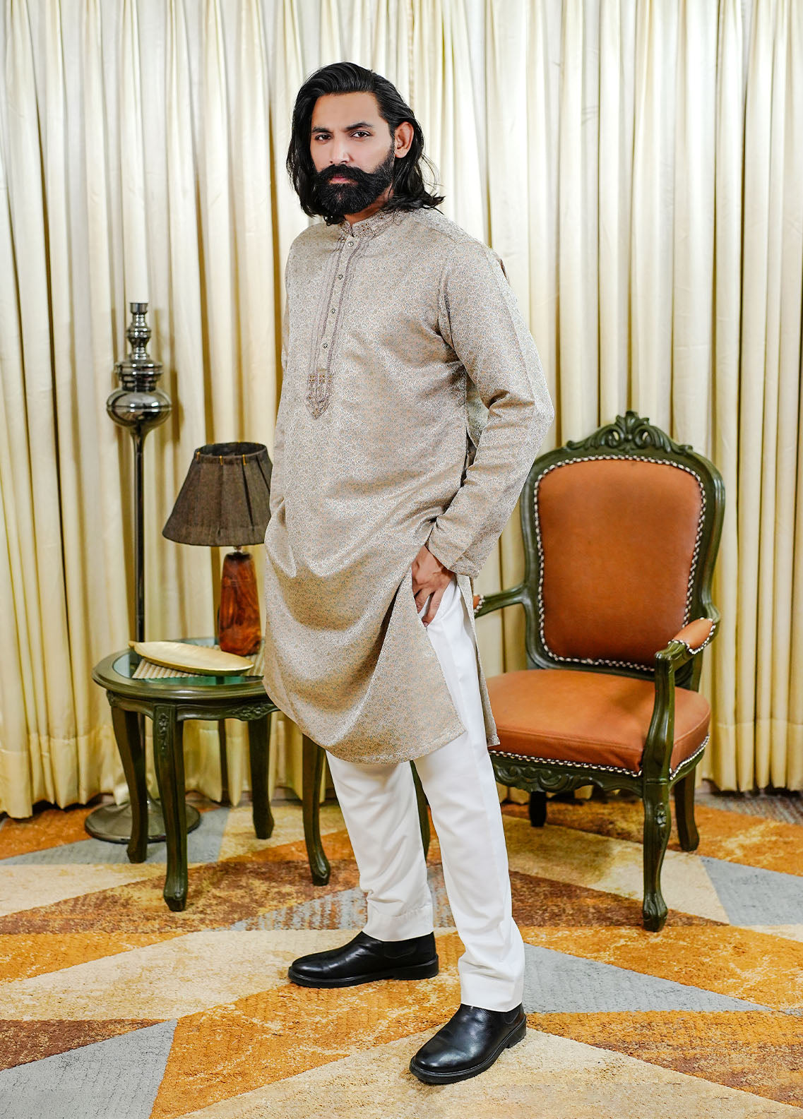 traditional jamawar Kurta in Beige