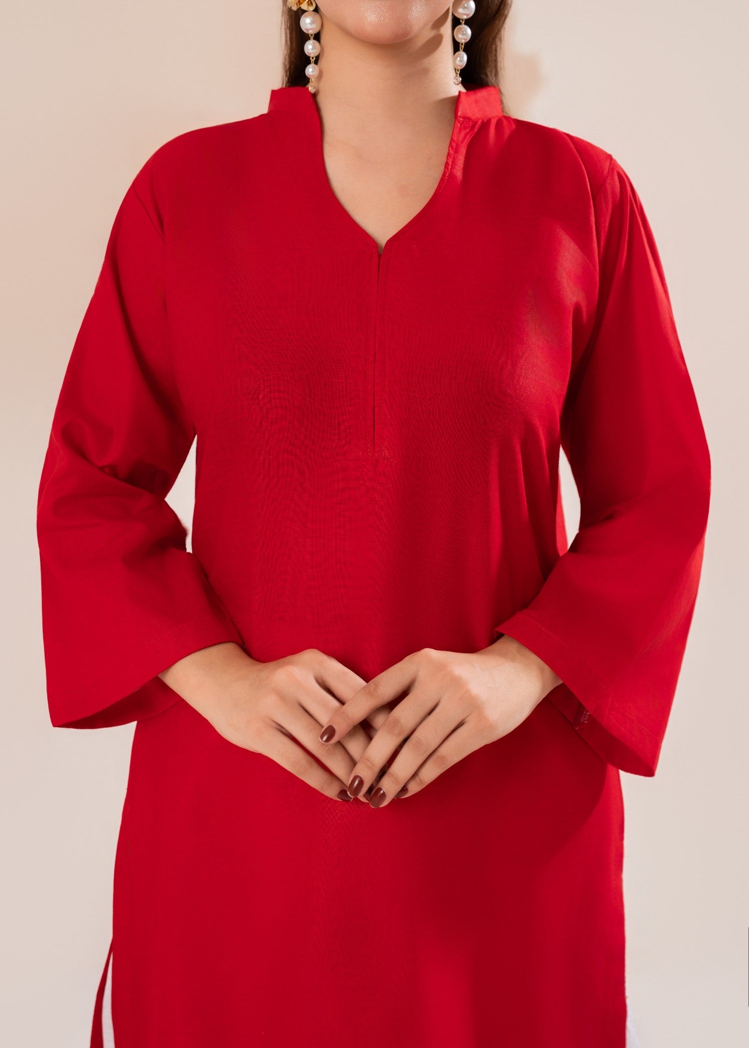 cotton Kurta Set in White, red