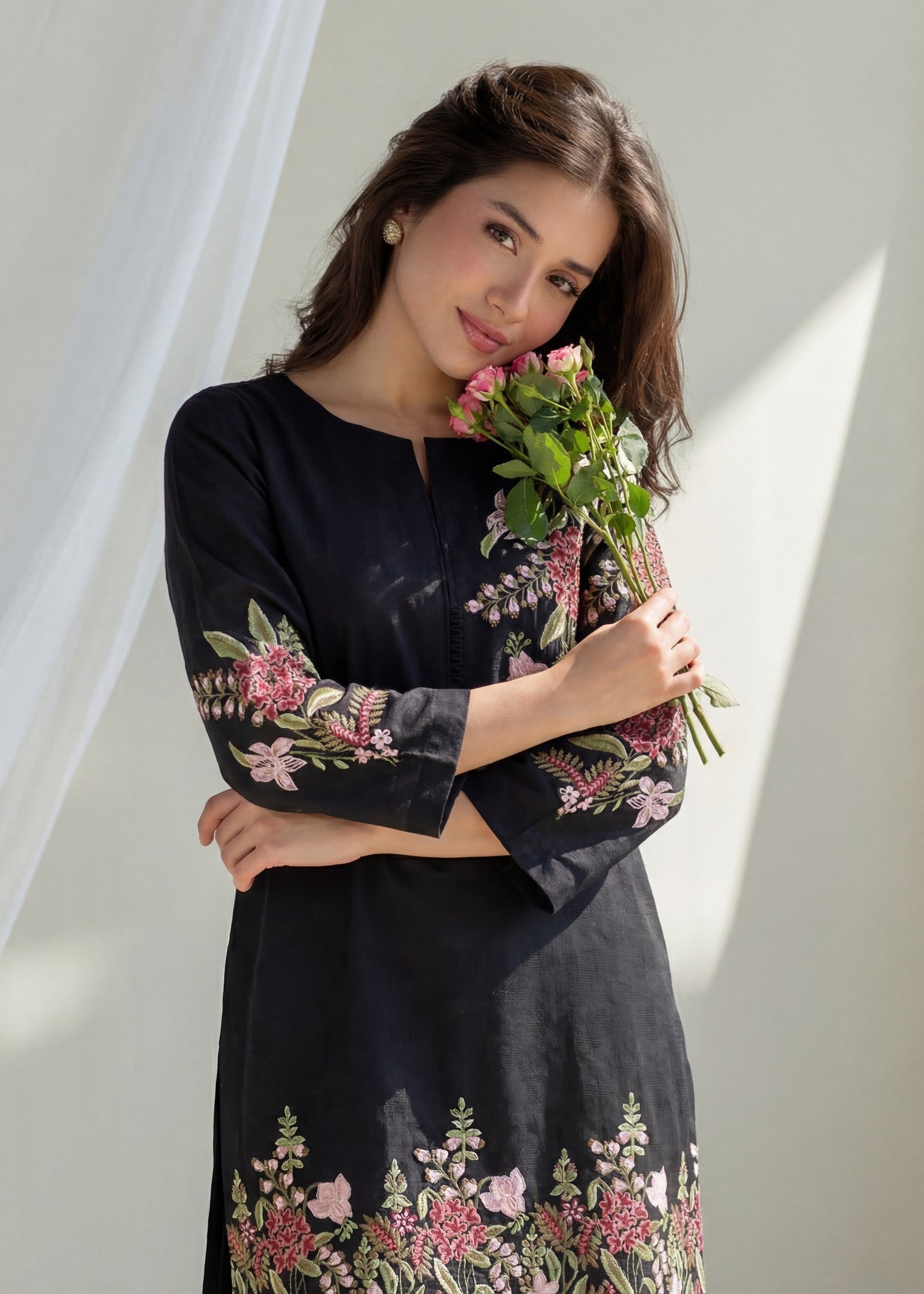 textured lawn Kurta Set in Black