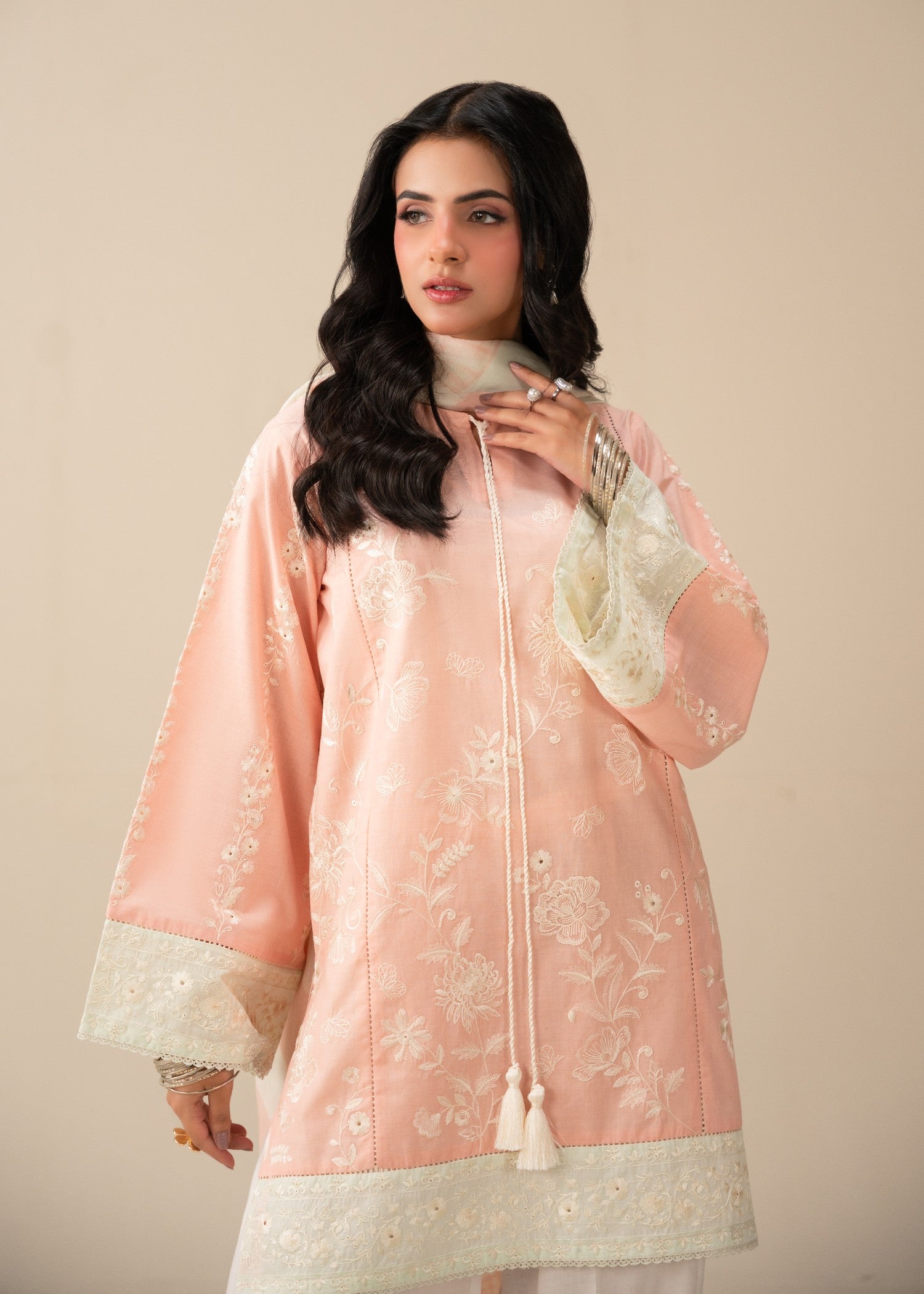 lawn Kurta Set in White, pistachio green, peach pink
