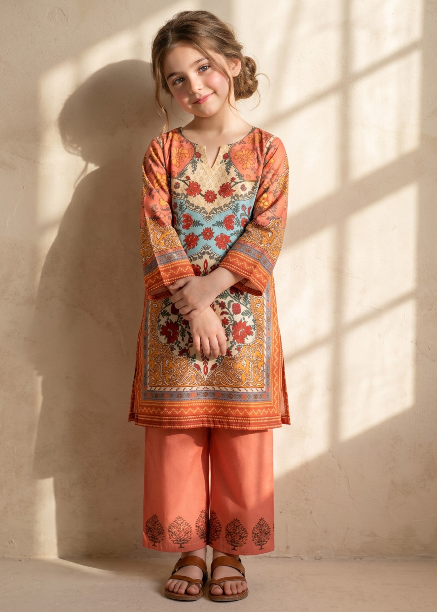 crepe polyester Kurta Set in Orange