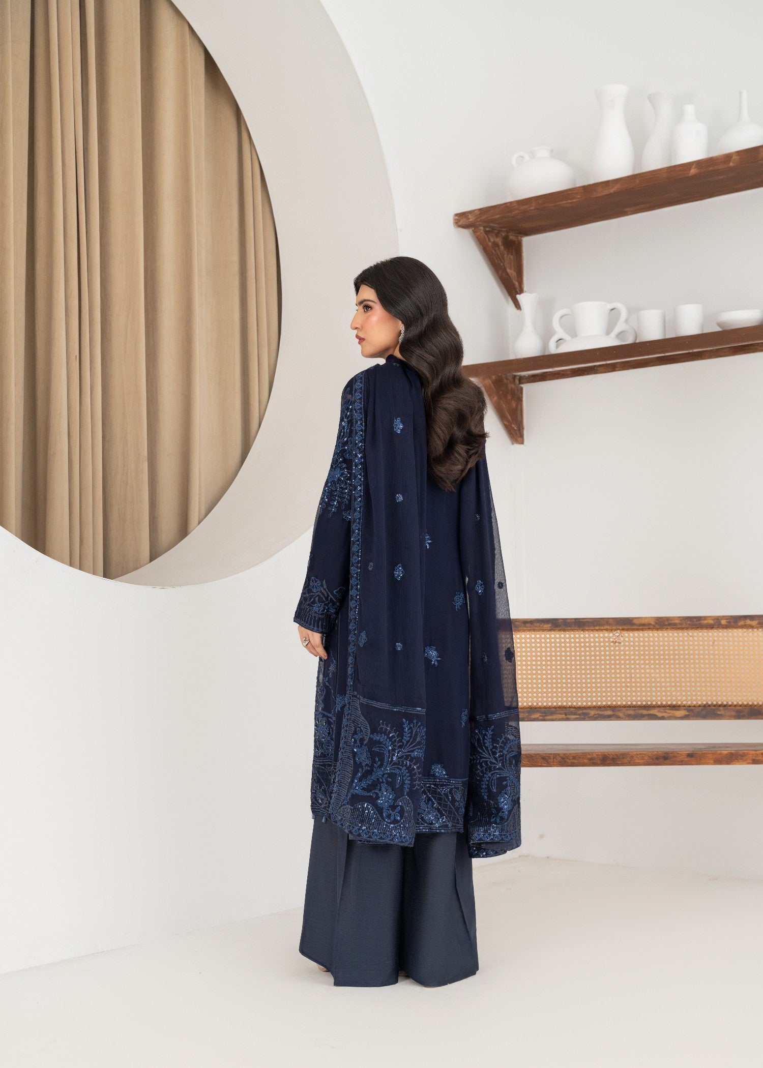crinkle chiffon Kurta Set in Navy blue