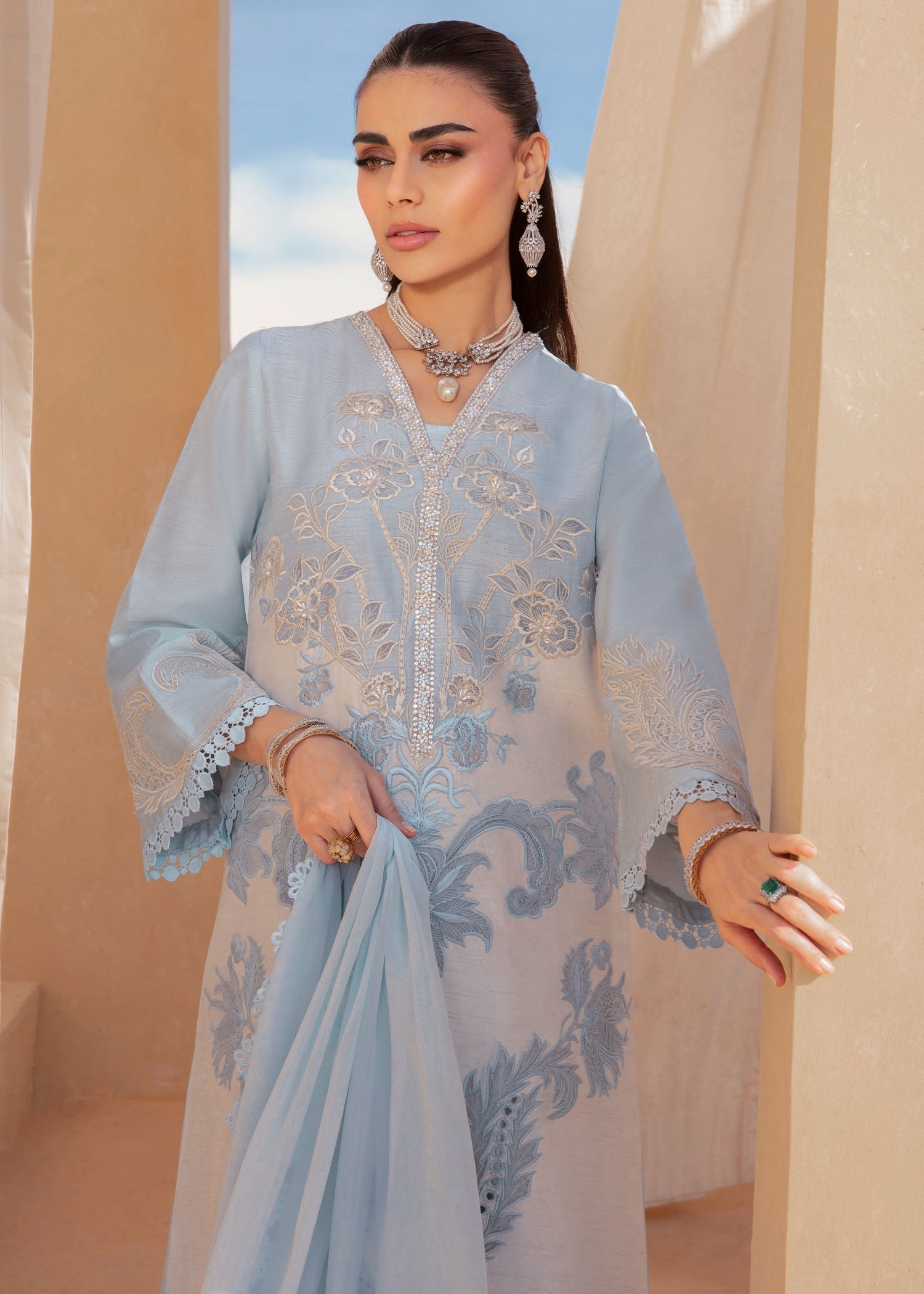 korean raw silk Kurta Set in Sky blue
